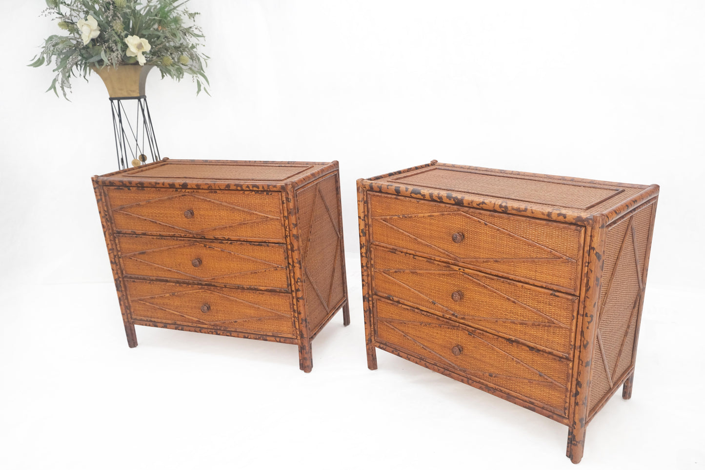 Bloomingdales Pair of Burnt Bamboo 3 Drawers Cane Rattan Small Dressers Chests