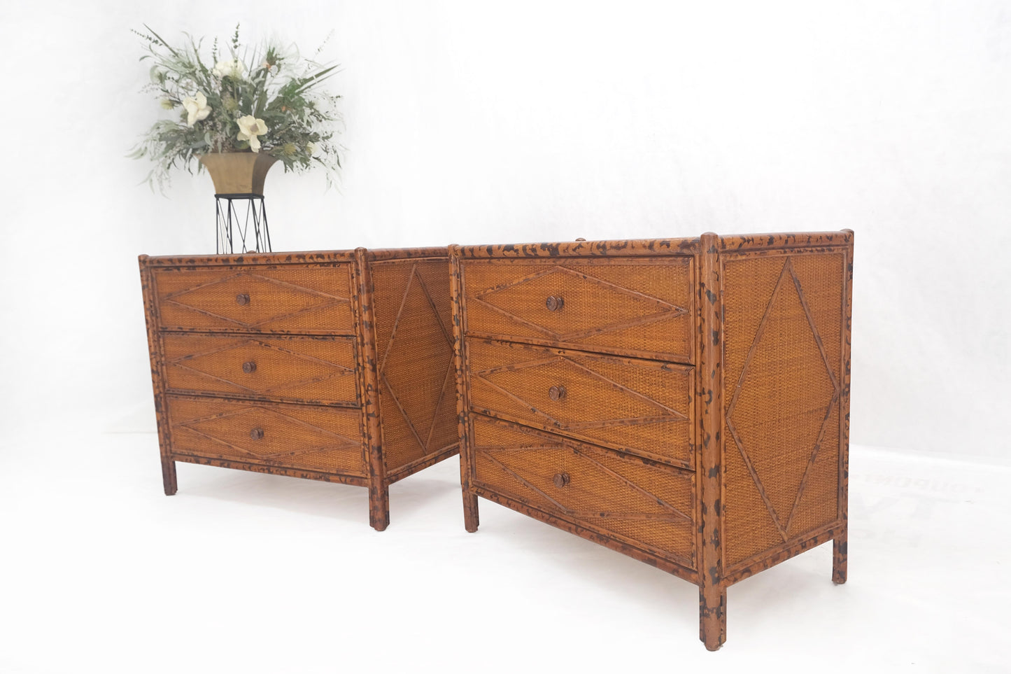Bloomingdales Pair of Burnt Bamboo 3 Drawers Cane Rattan Small Dressers Chests
