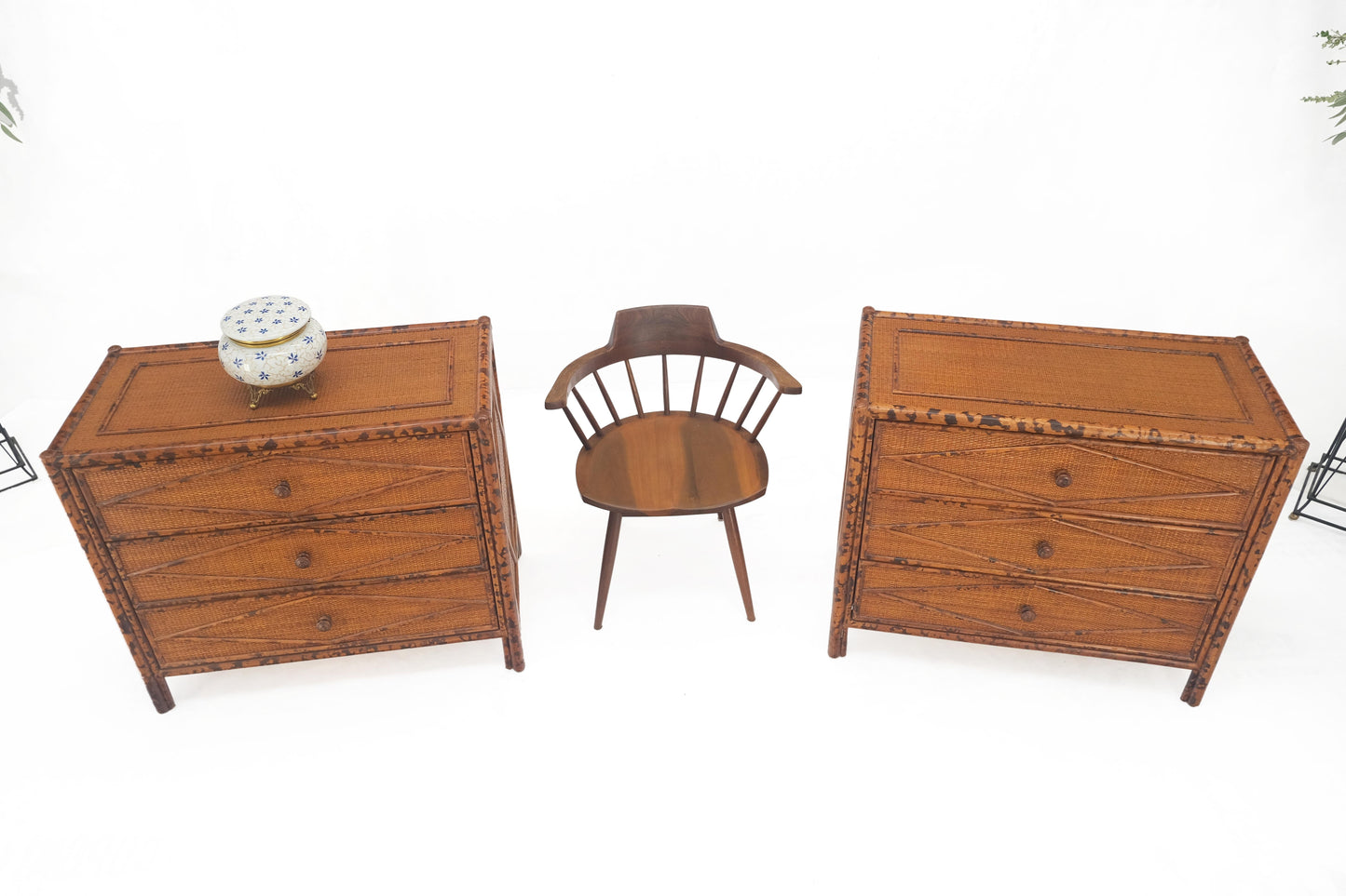 Bloomingdales Pair of Burnt Bamboo 3 Drawers Cane Rattan Small Dressers Chests