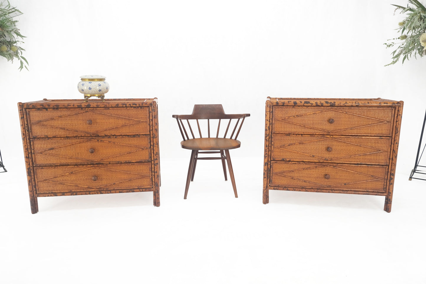 Bloomingdales Pair of Burnt Bamboo 3 Drawers Cane Rattan Small Dressers Chests