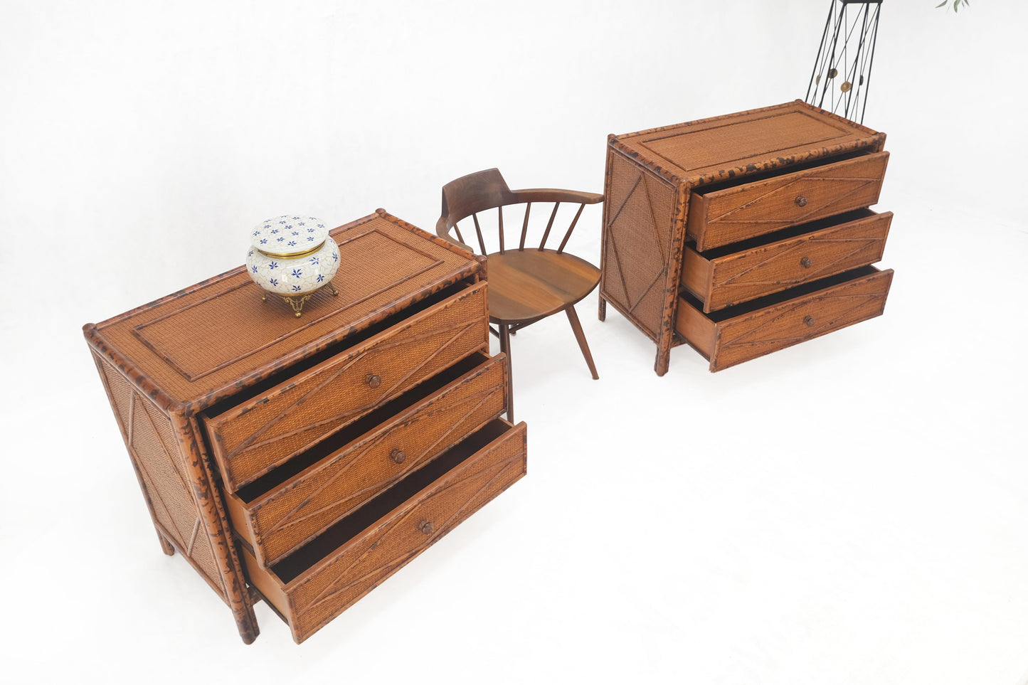 Bloomingdales Pair of Burnt Bamboo 3 Drawers Cane Rattan Small Dressers Chests