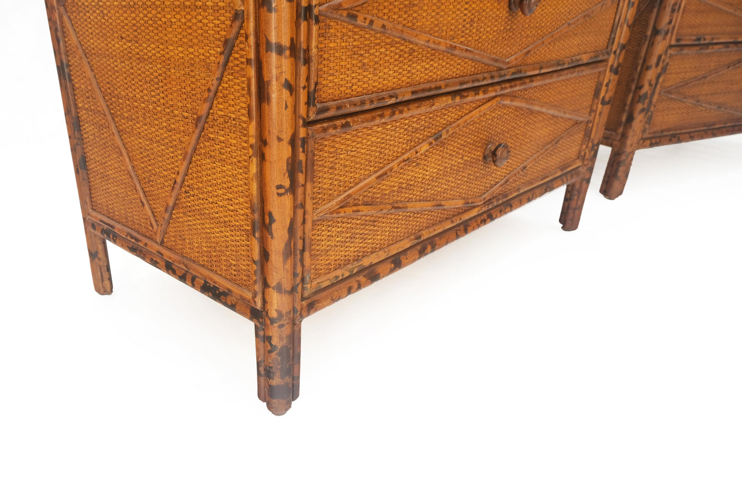 Bloomingdales Pair of Burnt Bamboo 3 Drawers Cane Rattan Small Dressers Chests