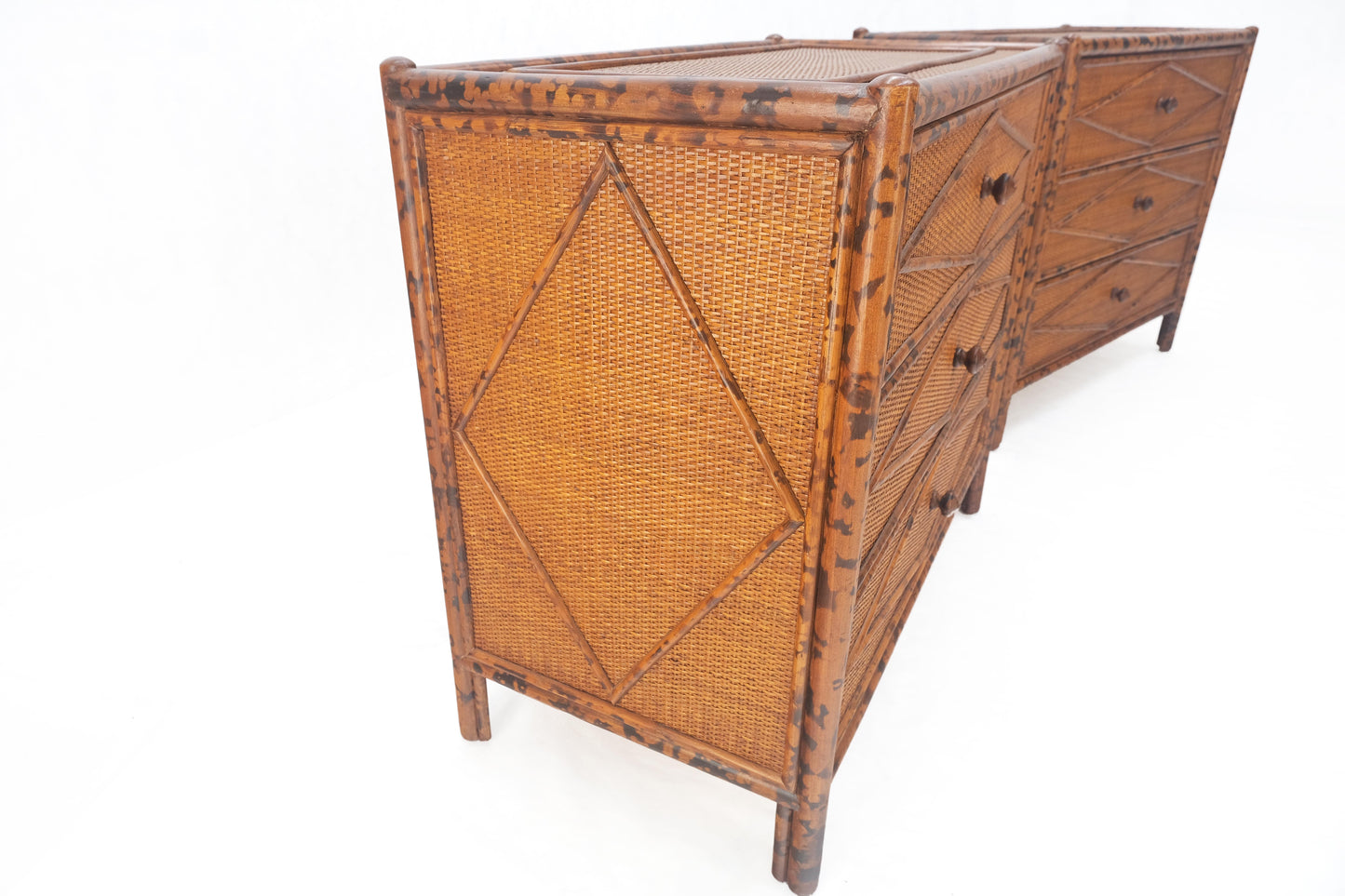 Bloomingdales Pair of Burnt Bamboo 3 Drawers Cane Rattan Small Dressers Chests