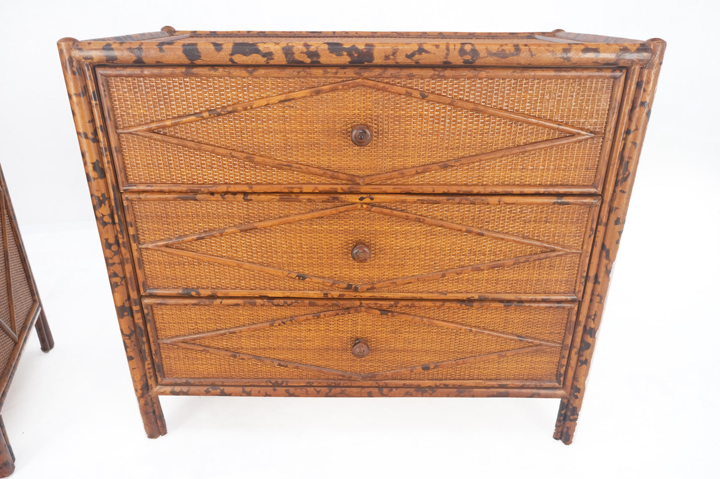 Bloomingdales Pair of Burnt Bamboo 3 Drawers Cane Rattan Small Dressers Chests