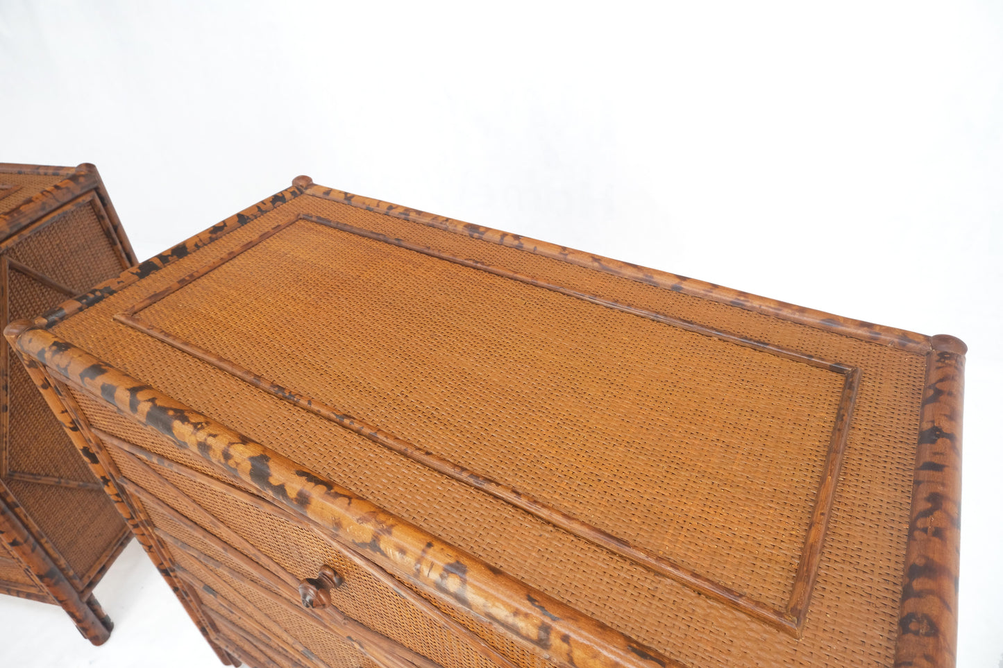 Bloomingdales Pair of Burnt Bamboo 3 Drawers Cane Rattan Small Dressers Chests