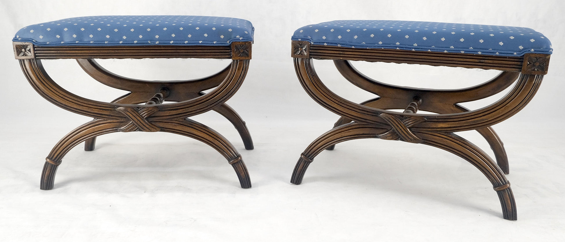 EstablishedLines Pair of Carved Regency Style Blue Upholstery Benches MINT