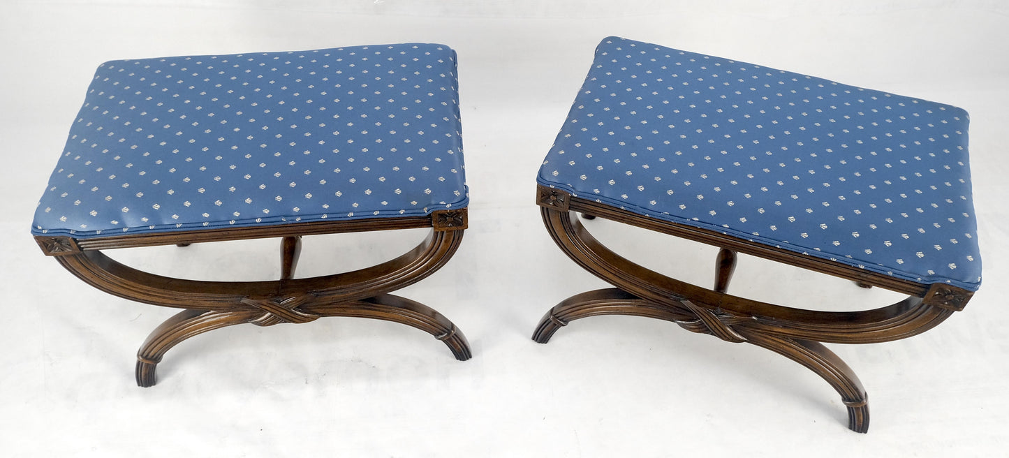 EstablishedLines Pair of Carved Regency Style Blue Upholstery Benches MINT