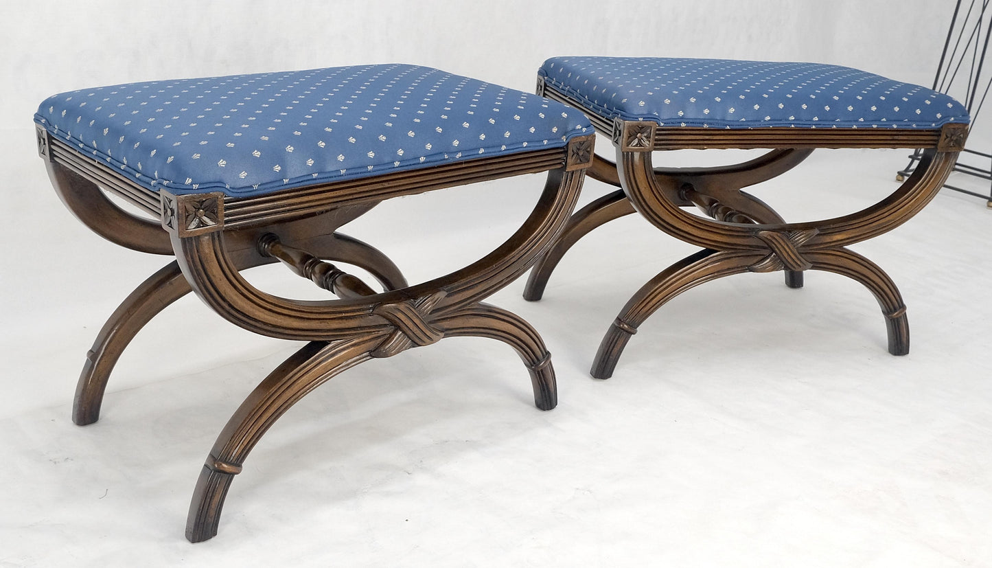 EstablishedLines Pair of Carved Regency Style Blue Upholstery Benches MINT