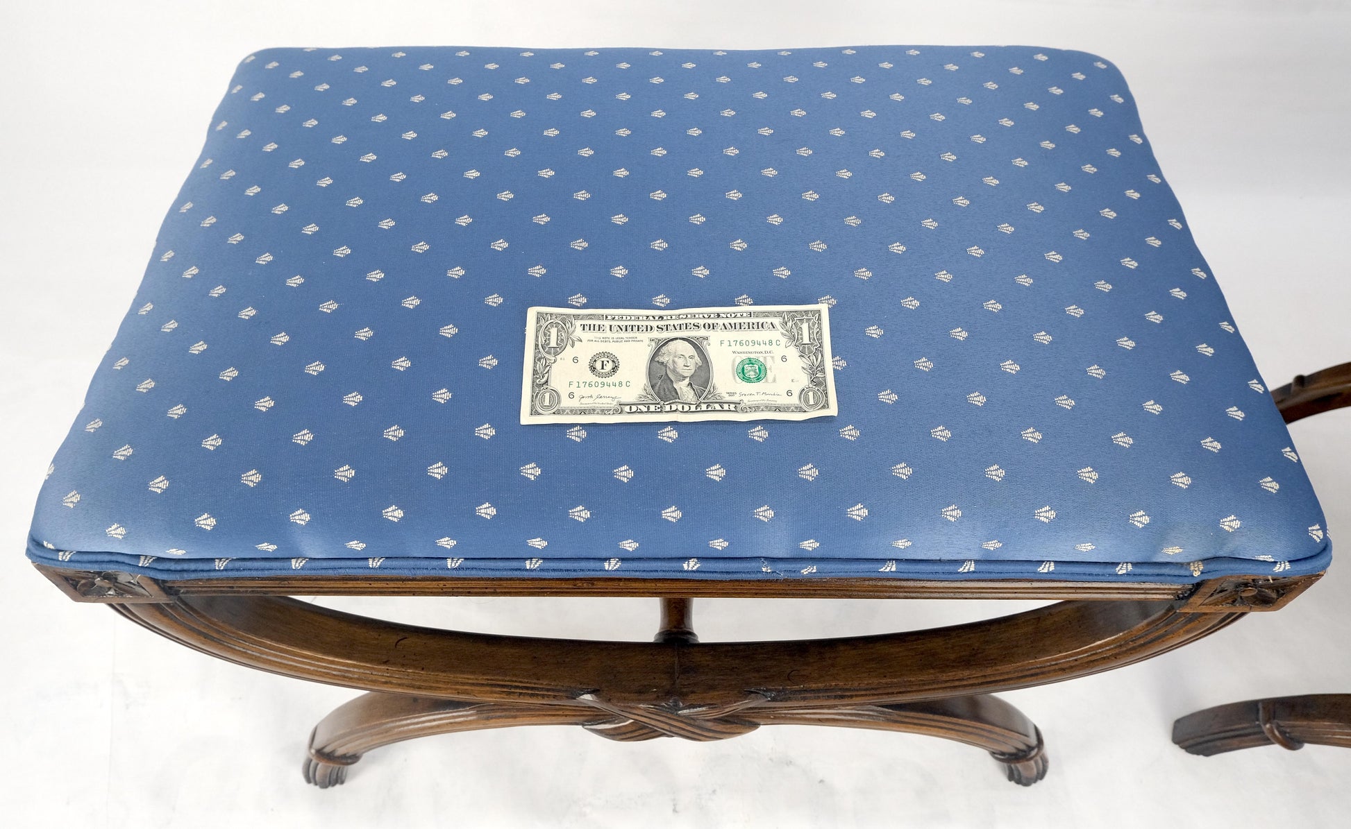 EstablishedLines Pair of Carved Regency Style Blue Upholstery Benches MINT