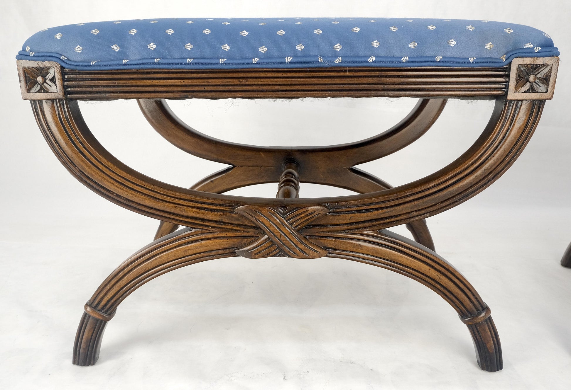 EstablishedLines Pair of Carved Regency Style Blue Upholstery Benches MINT