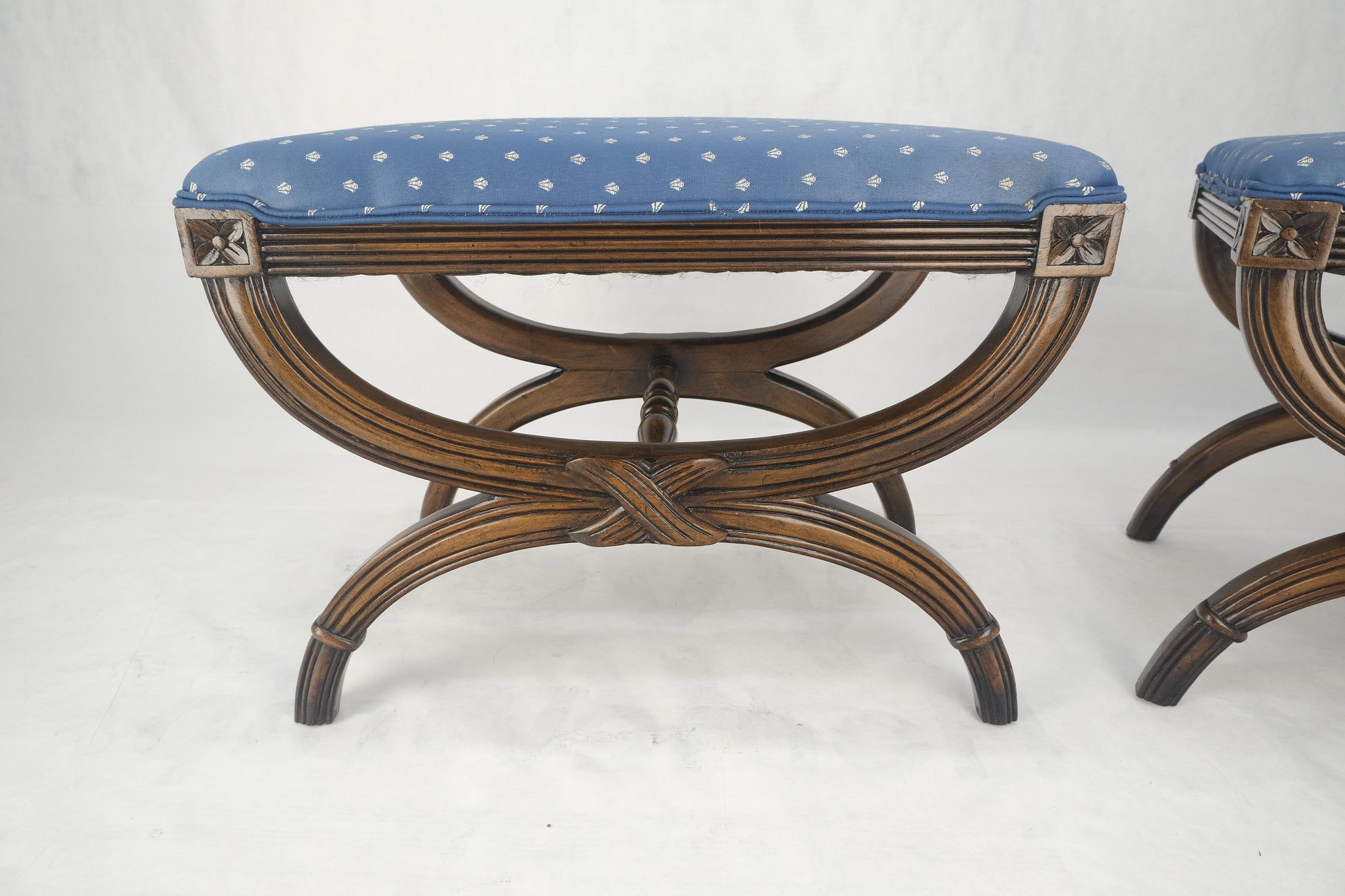 EstablishedLines Pair of Carved Regency Style Blue Upholstery Benches MINT