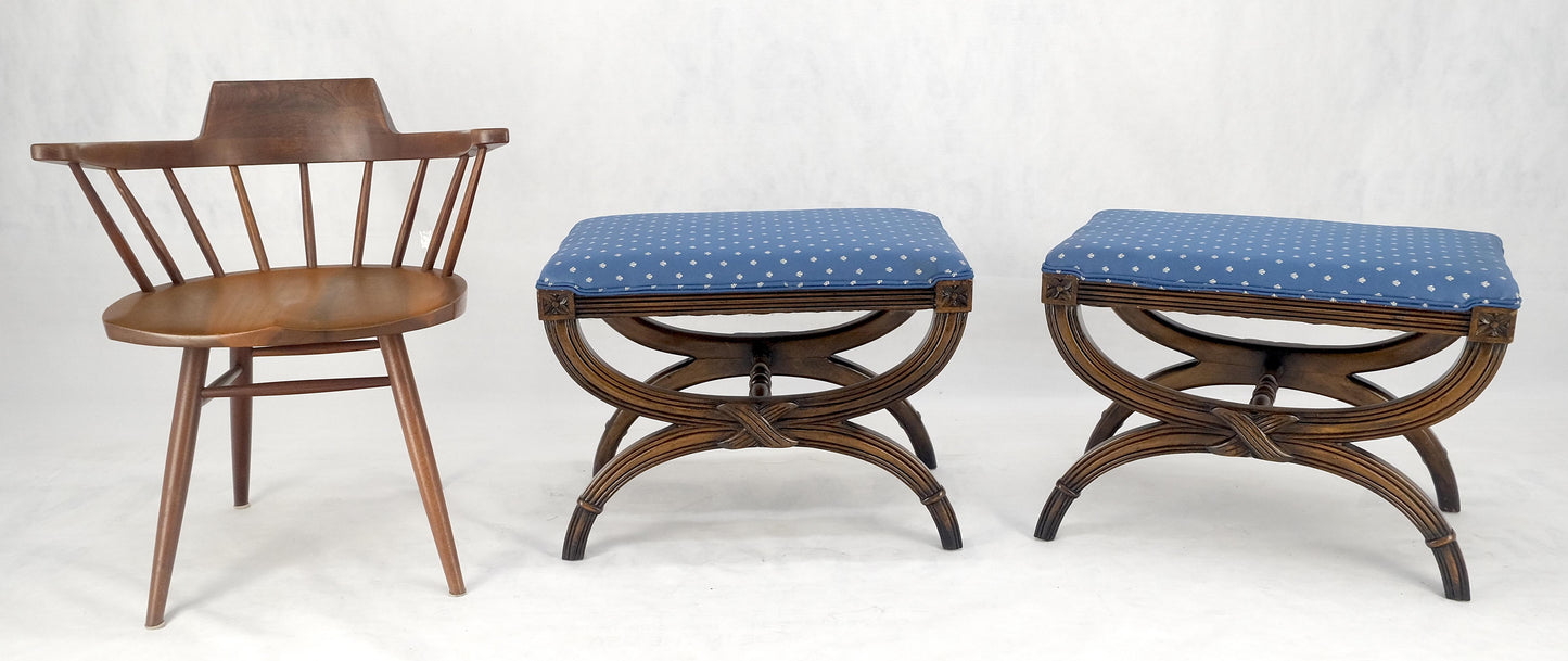 EstablishedLines Pair of Carved Regency Style Blue Upholstery Benches MINT