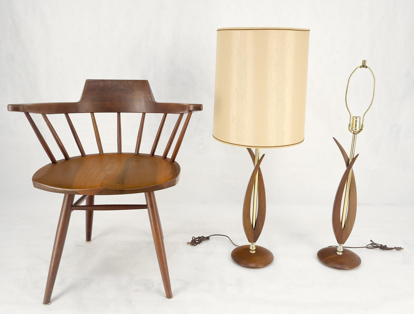 EstablishedLines Pair of Mid Century Modern Oiled Walnut Turned Bases c1970s Table Lamps MINT