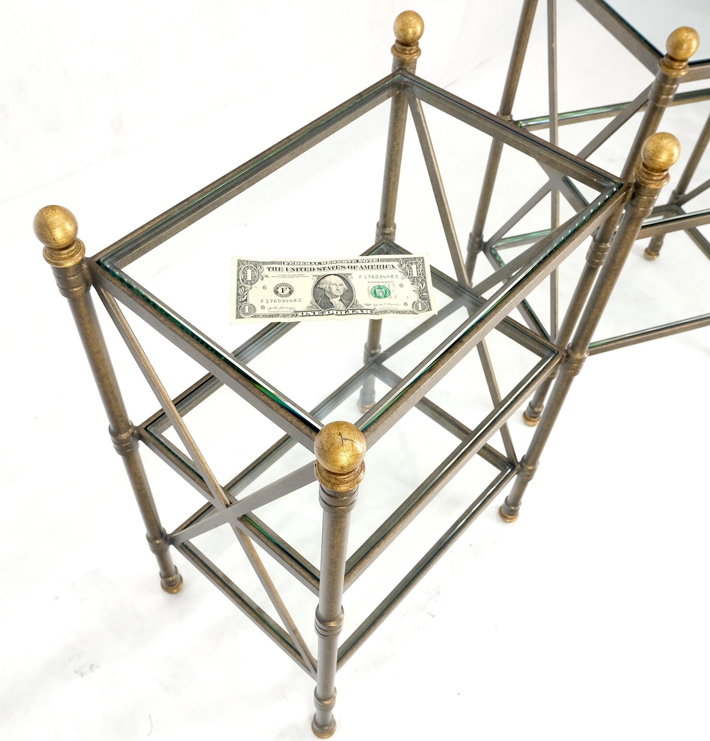 EstablishedLines Pair Metal X Base 3 Tier Glass Shelves Ball Finials 12x18 Side End Lamp Tables