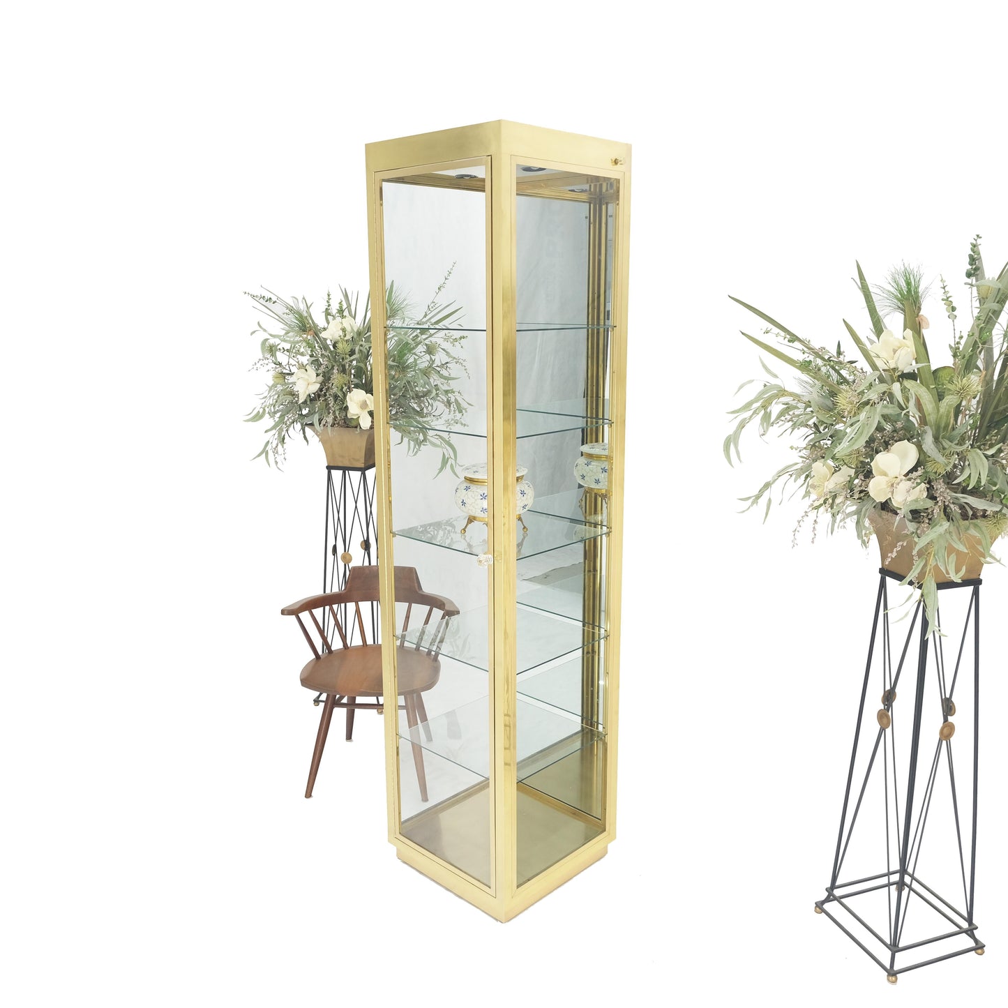 EstablishedLines 20" Sqaure Solid Brass Case 7' Tall Glass Shelve Display Cabinet Vitrine MINT!