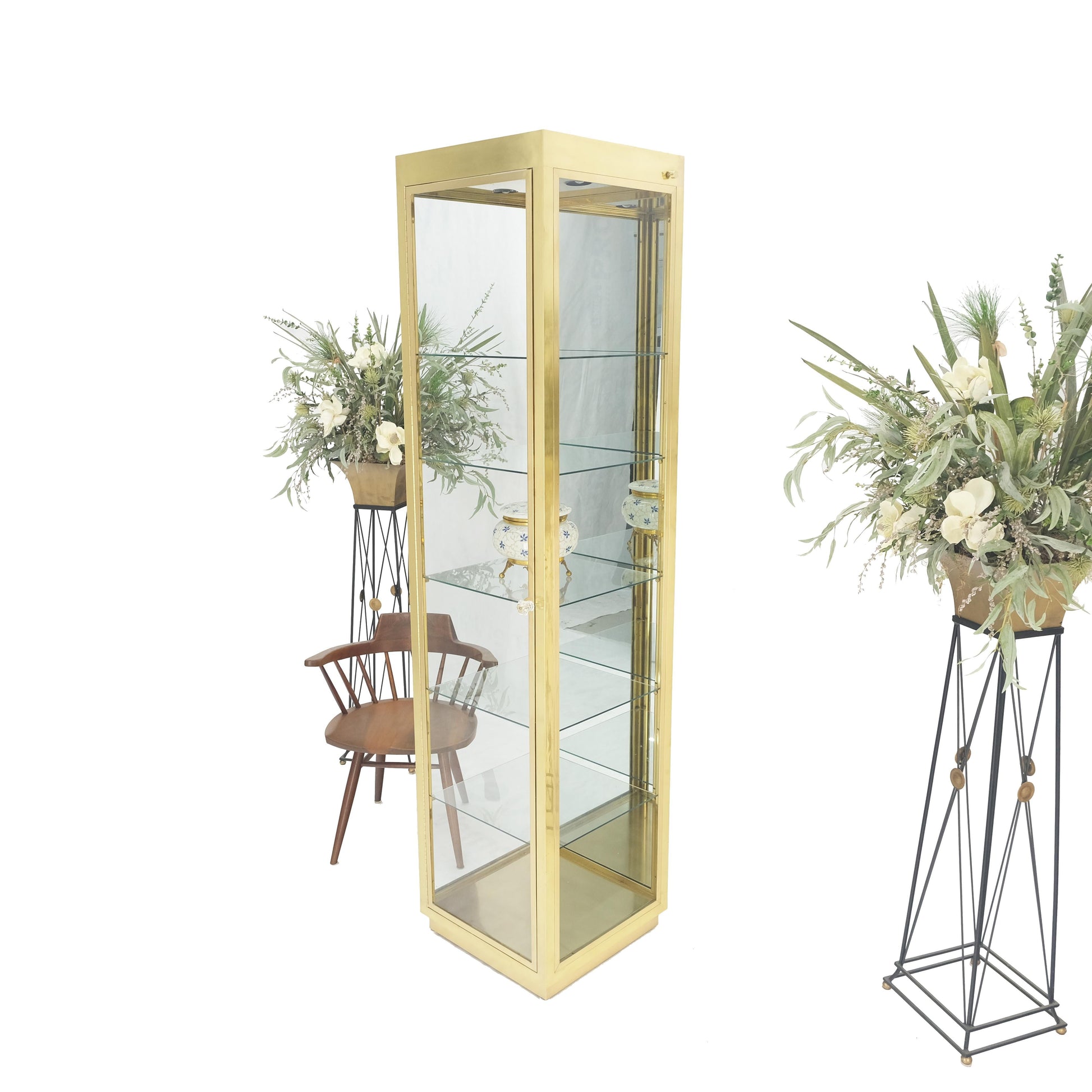 EstablishedLines 20" Sqaure Solid Brass Case 7' Tall Glass Shelve Display Cabinet Vitrine MINT!