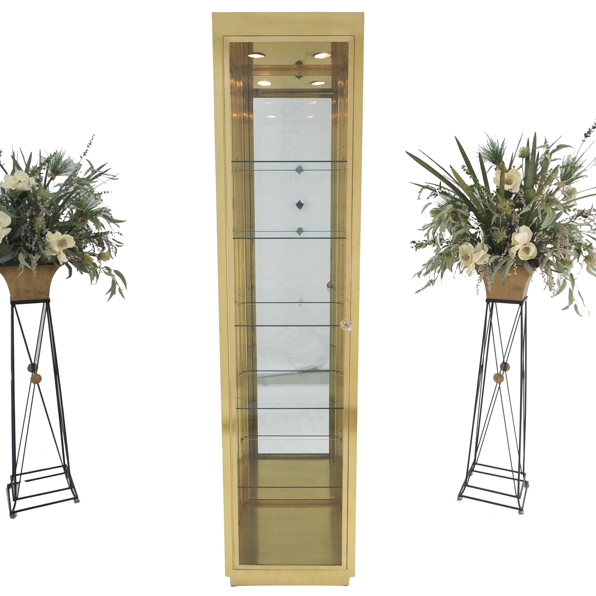 EstablishedLines 20" Sqaure Solid Brass Case 7' Tall Glass Shelve Display Cabinet Vitrine MINT!
