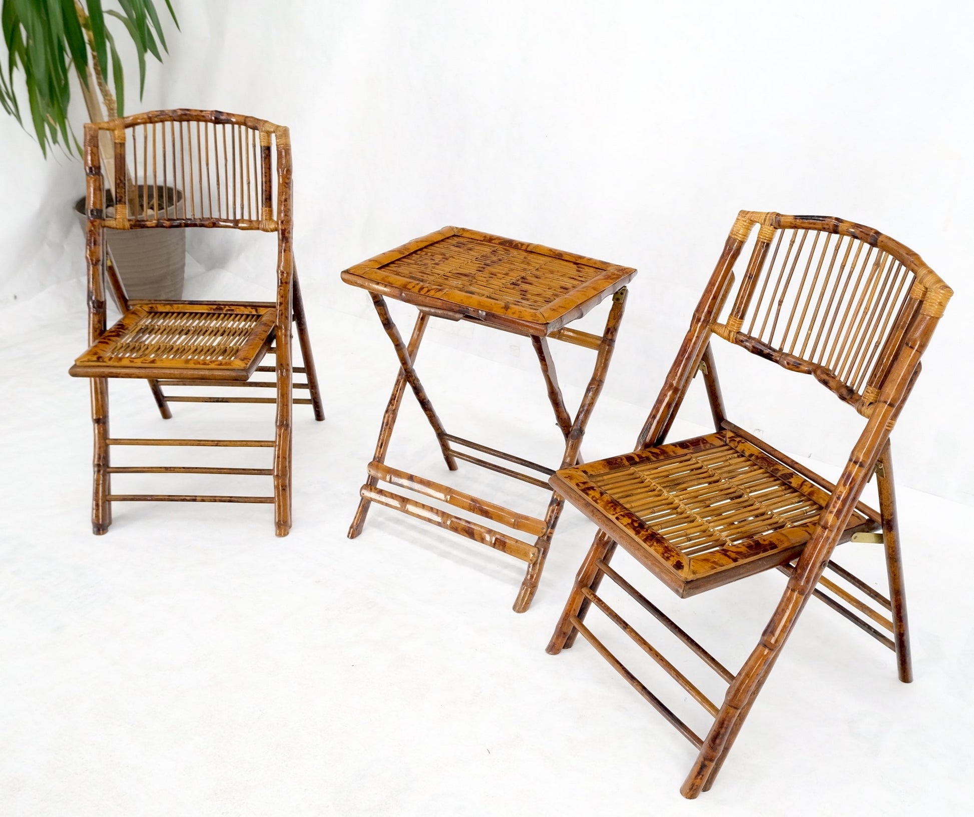 EstablishedLines Burnt Bamboo Vintage Folding Cafe Occasional Table w/ Two Matching Chairs Set