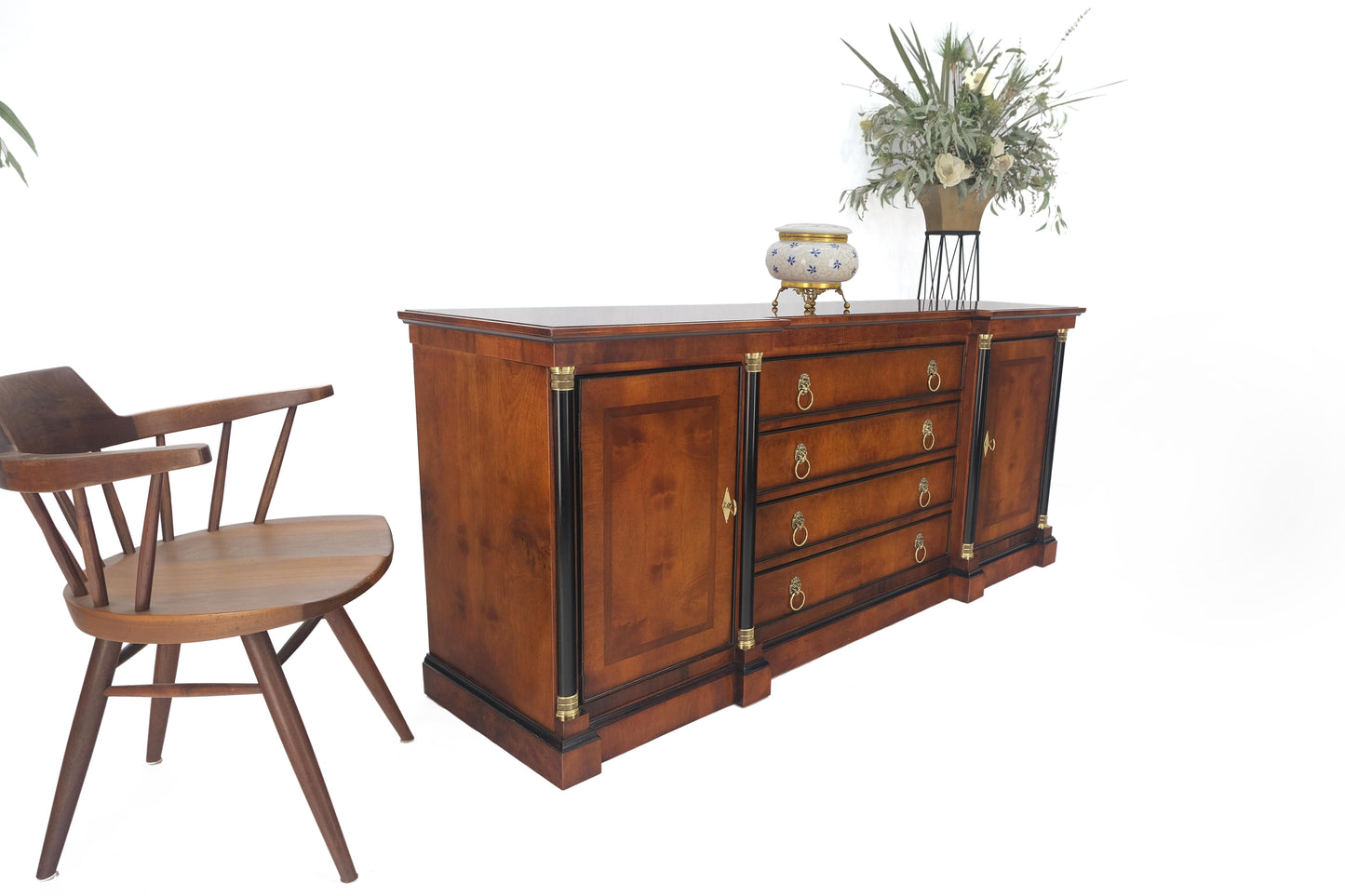 EstablishedLines Flame Mahogany Ebonized Columns Bronze Mount Brass Ring Pulls Hardware Sideboard