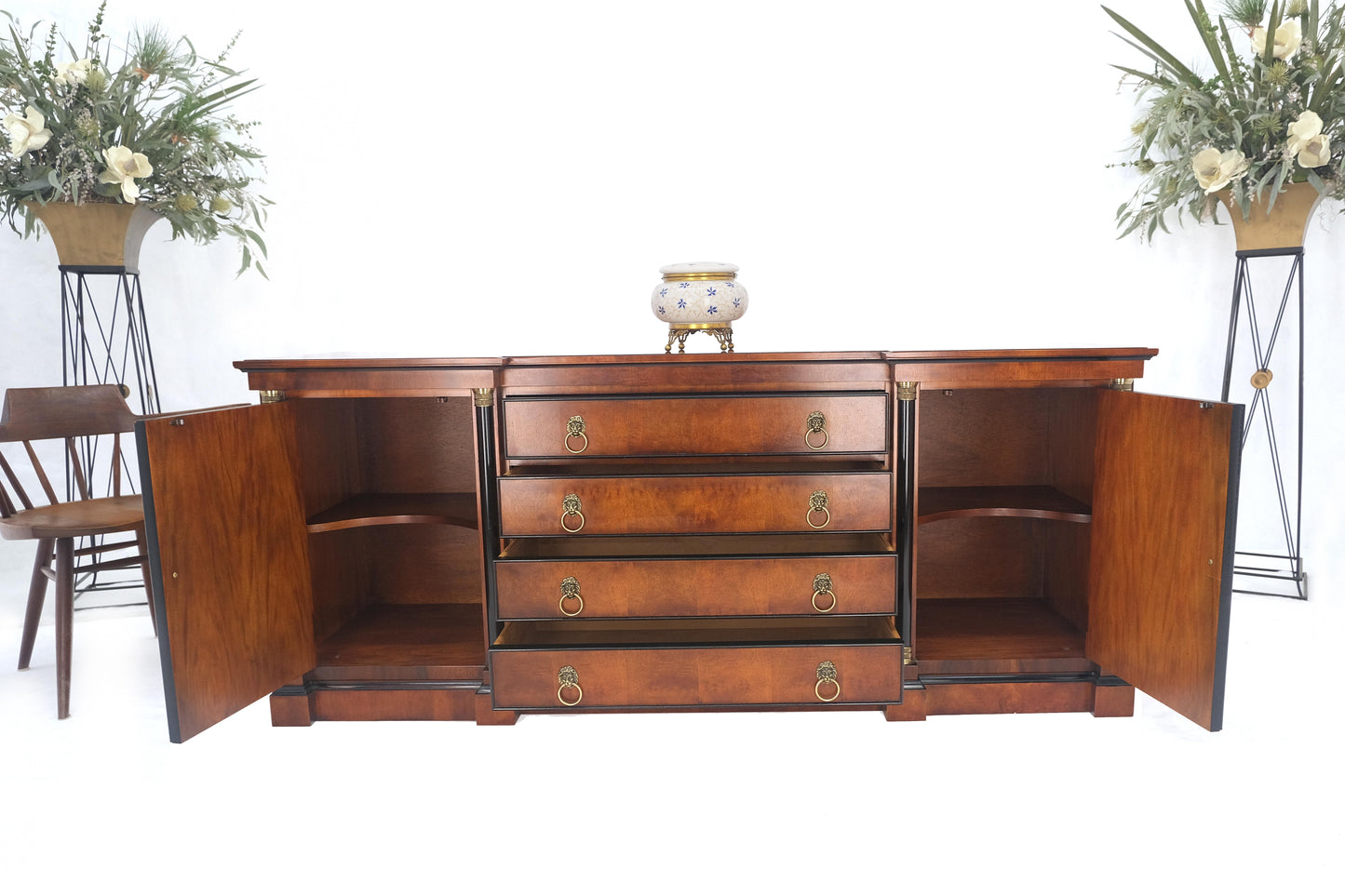 EstablishedLines Flame Mahogany Ebonized Columns Bronze Mount Brass Ring Pulls Hardware Sideboard