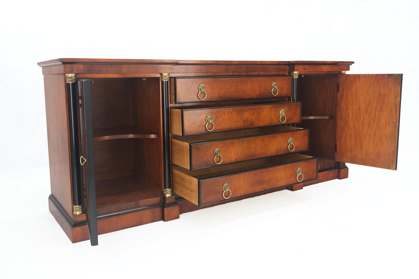 EstablishedLines Flame Mahogany Ebonized Columns Bronze Mount Brass Ring Pulls Hardware Sideboard