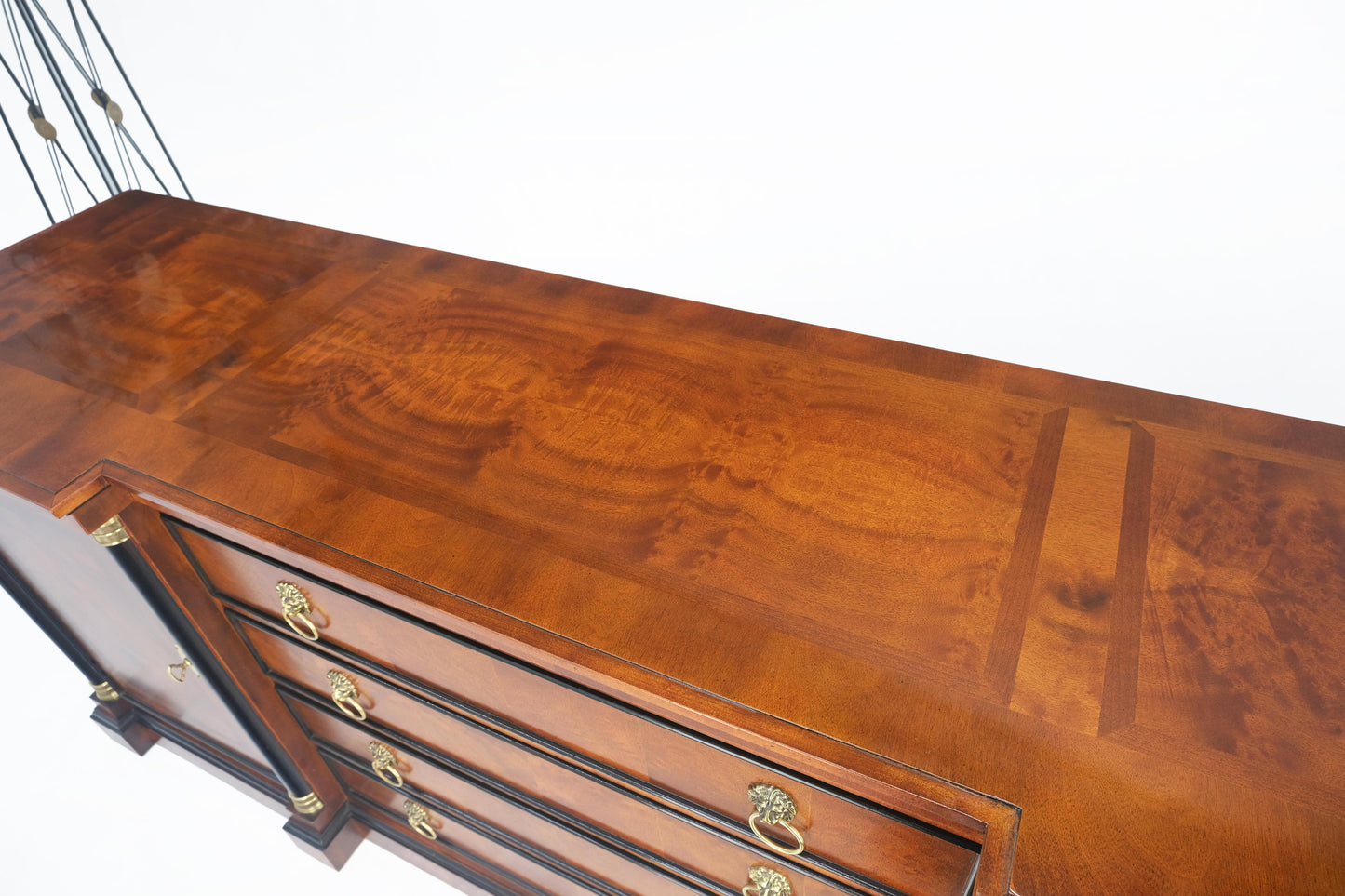 EstablishedLines Flame Mahogany Ebonized Columns Bronze Mount Brass Ring Pulls Hardware Sideboard