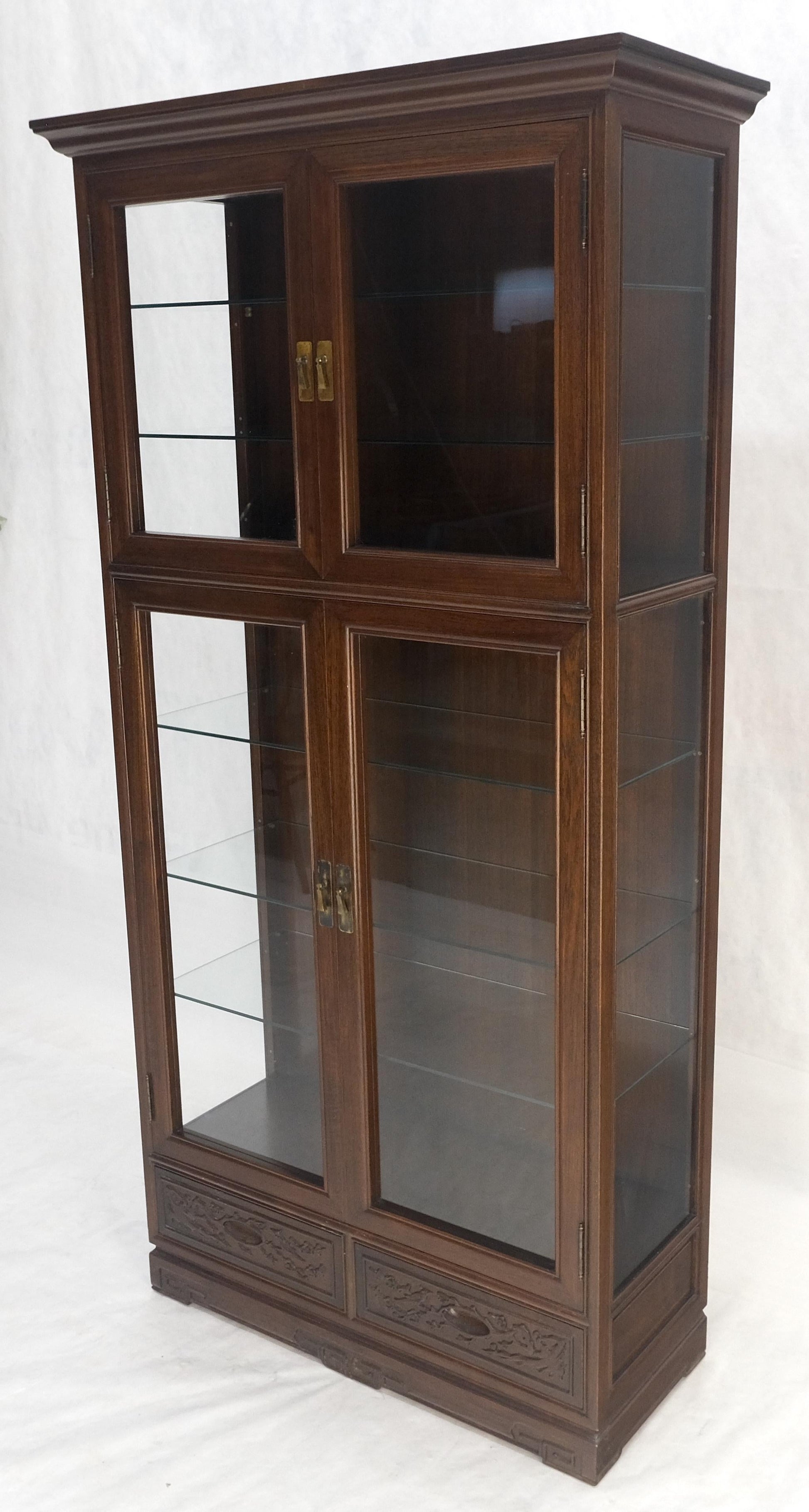 EstablishedLines 4 Doors Carved Teak 5 Shelves 2 Bottom Drawers 72" Tall Curio Cabinet Showcase