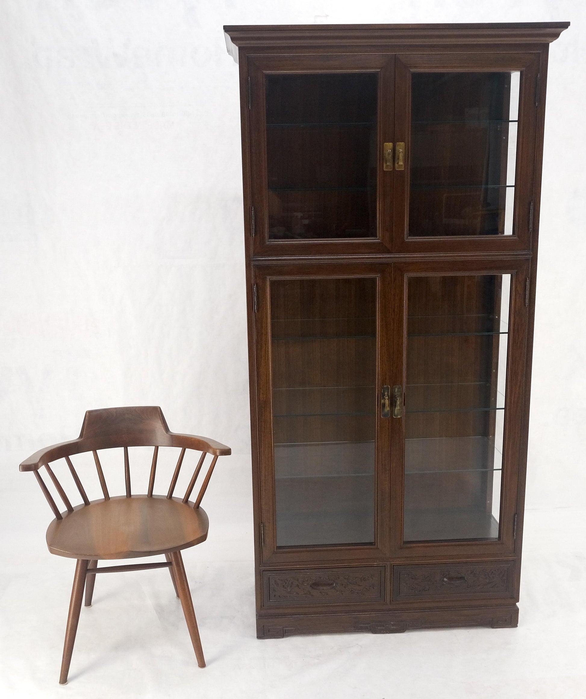 EstablishedLines 4 Doors Carved Teak 5 Shelves 2 Bottom Drawers 72" Tall Curio Cabinet Showcase