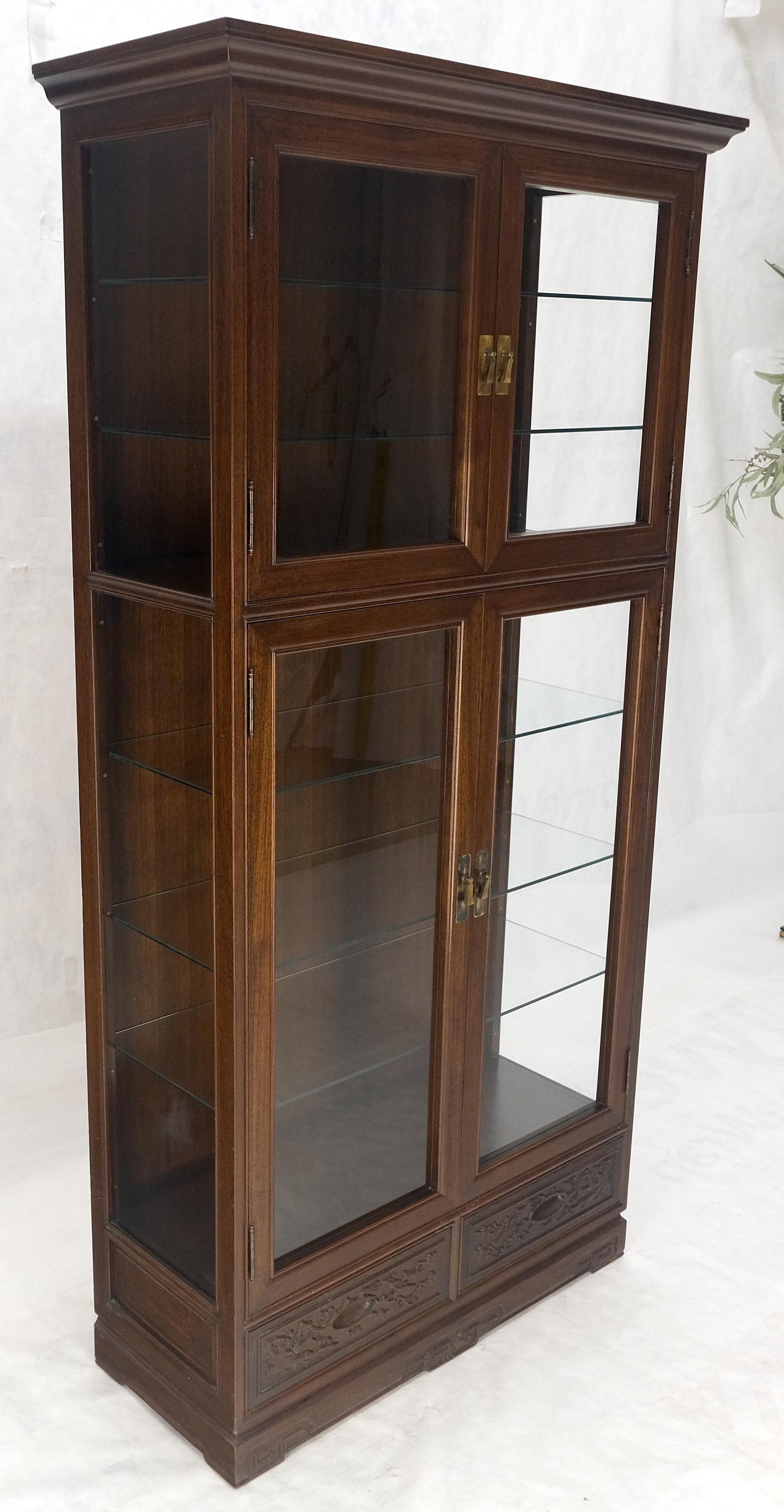 EstablishedLines 4 Doors Carved Teak 5 Shelves 2 Bottom Drawers 72" Tall Curio Cabinet Showcase