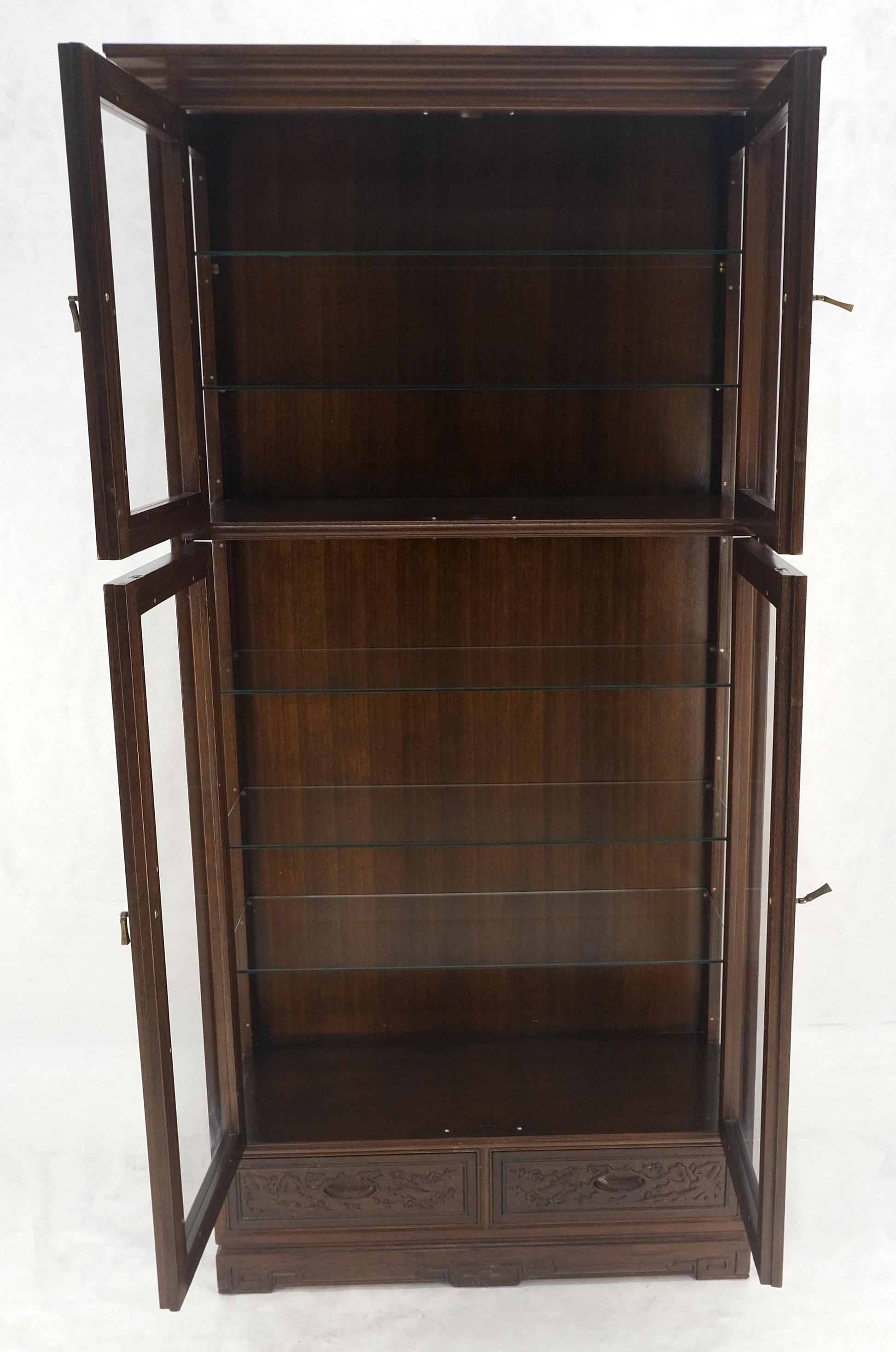 EstablishedLines 4 Doors Carved Teak 5 Shelves 2 Bottom Drawers 72" Tall Curio Cabinet Showcase