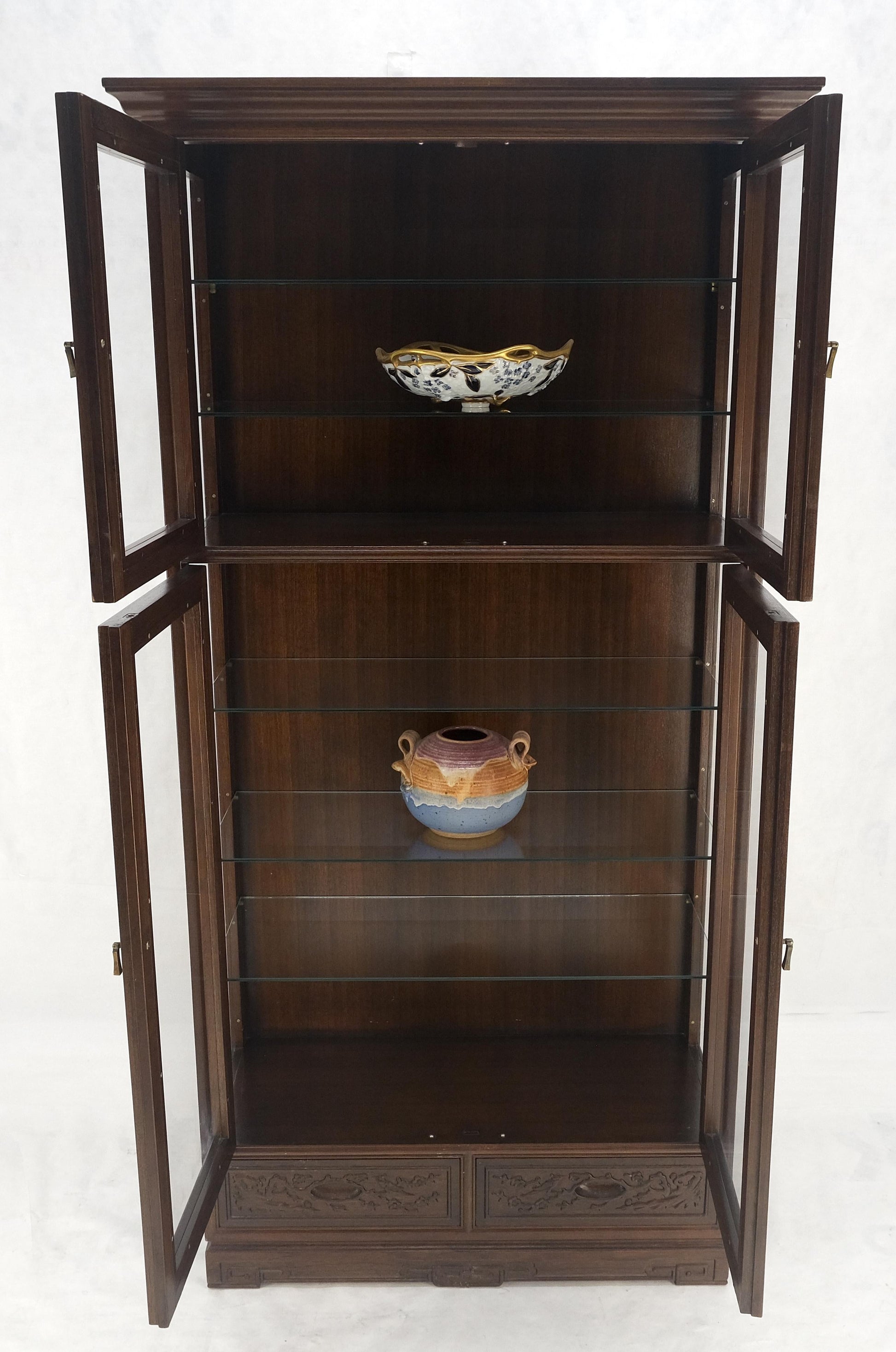 EstablishedLines 4 Doors Carved Teak 5 Shelves 2 Bottom Drawers 72" Tall Curio Cabinet Showcase