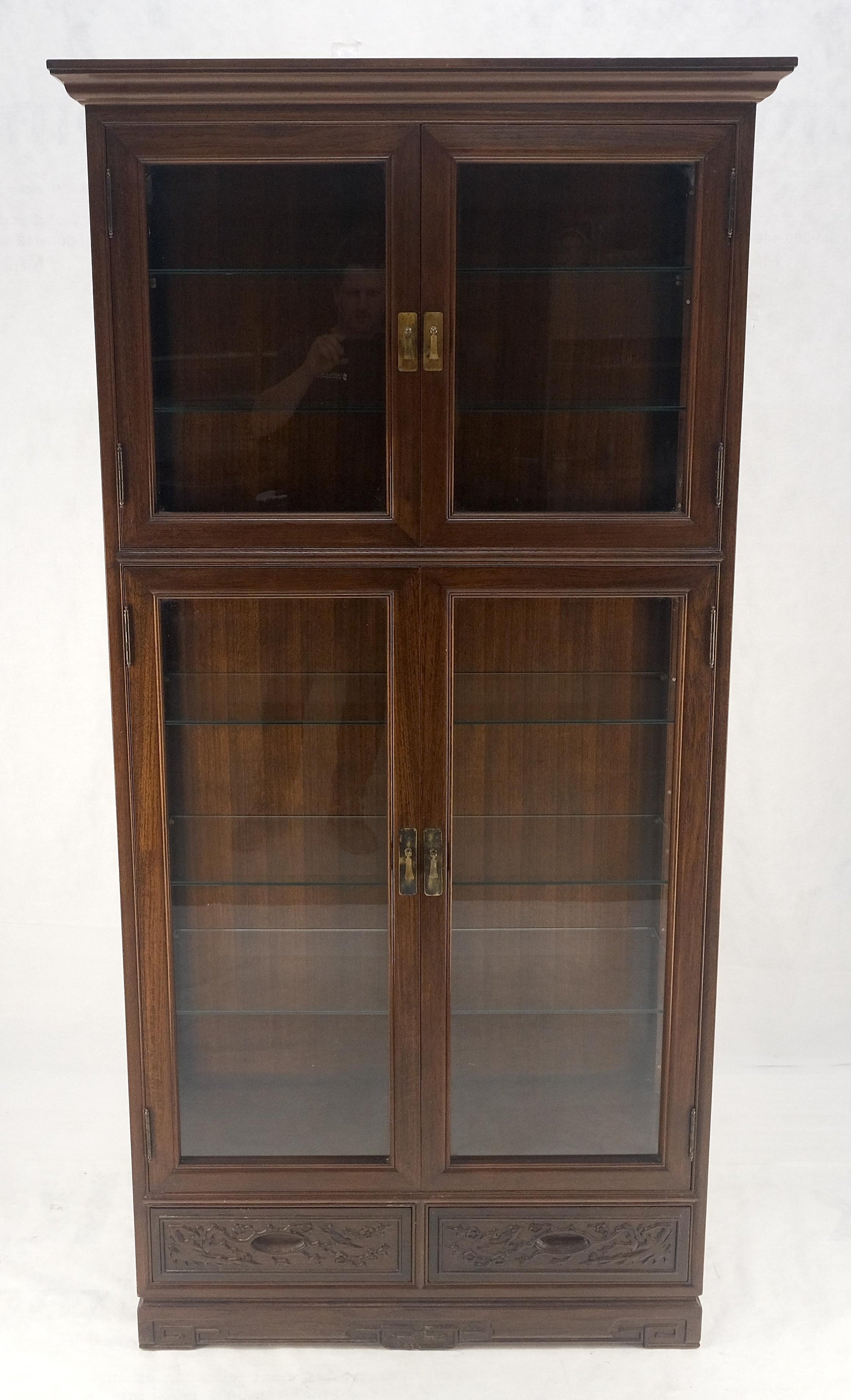 EstablishedLines 4 Doors Carved Teak 5 Shelves 2 Bottom Drawers 72" Tall Curio Cabinet Showcase