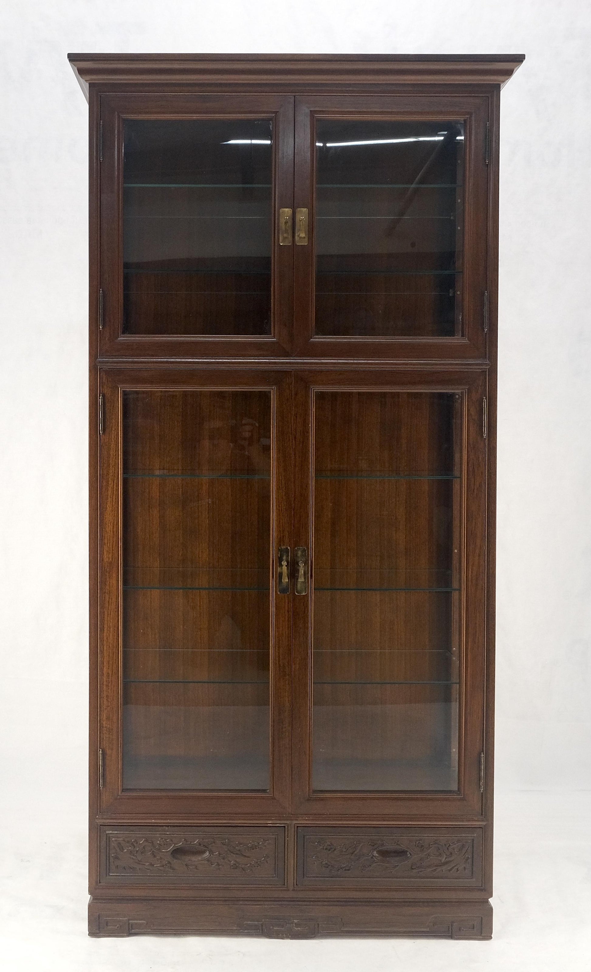 EstablishedLines 4 Doors Carved Teak 5 Shelves 2 Bottom Drawers 72" Tall Curio Cabinet Showcase