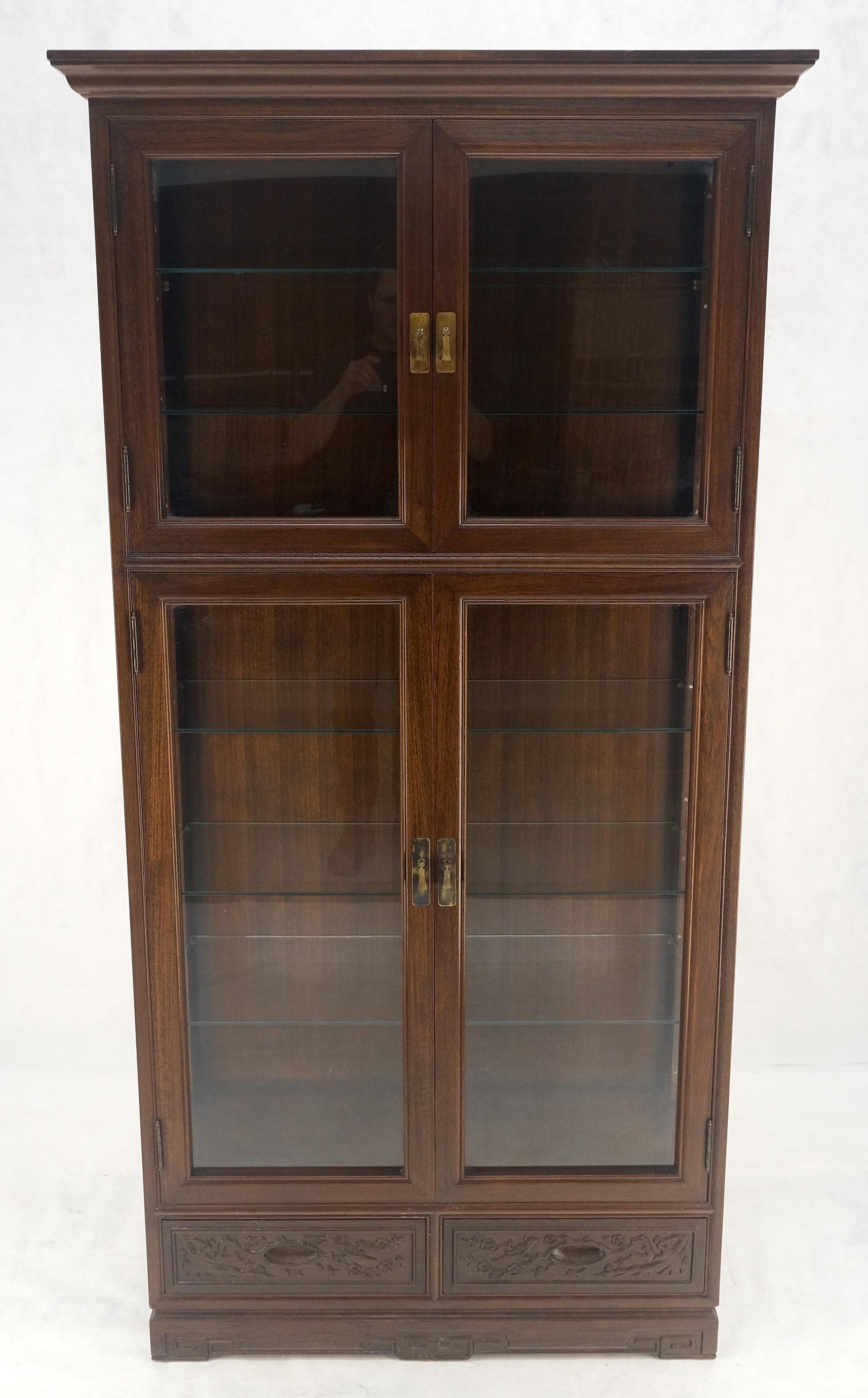 EstablishedLines 4 Doors Carved Teak 5 Shelves 2 Bottom Drawers 72" Tall Curio Cabinet Showcase