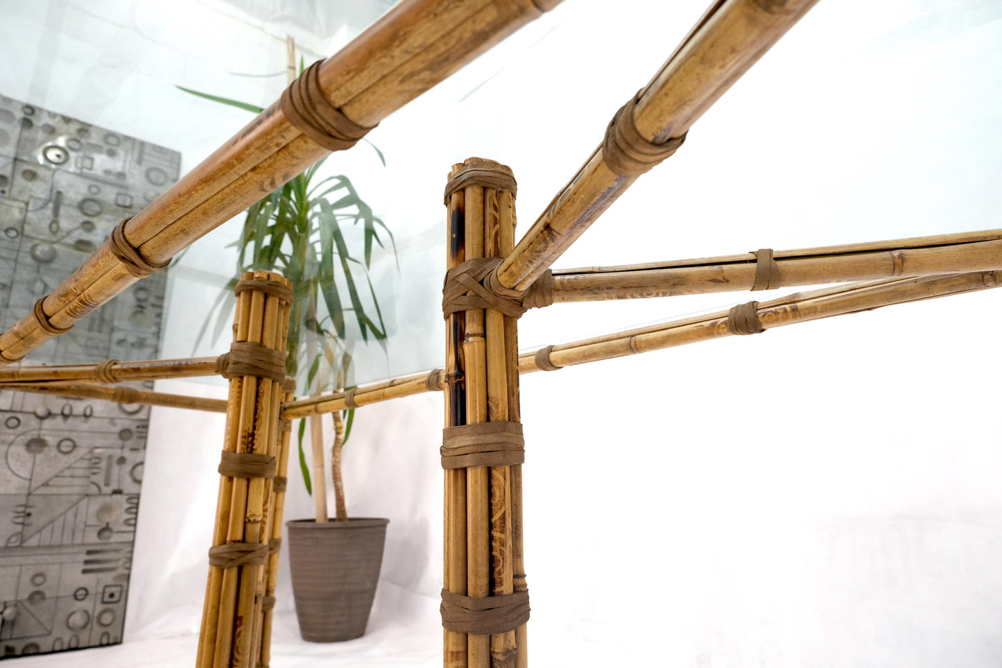 EstablishedLines Large Glass Top Bamboo & Leather Straps Frame Dining Conference Table by McGuire
