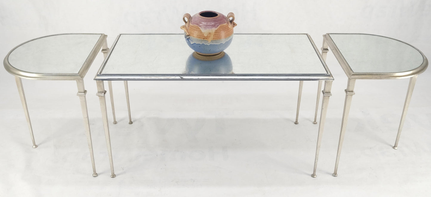 EstablishedLines Heavy Silver Gilt Steel Mirrored Top Racetrack Shape 3 Pieces Coffee End Tables