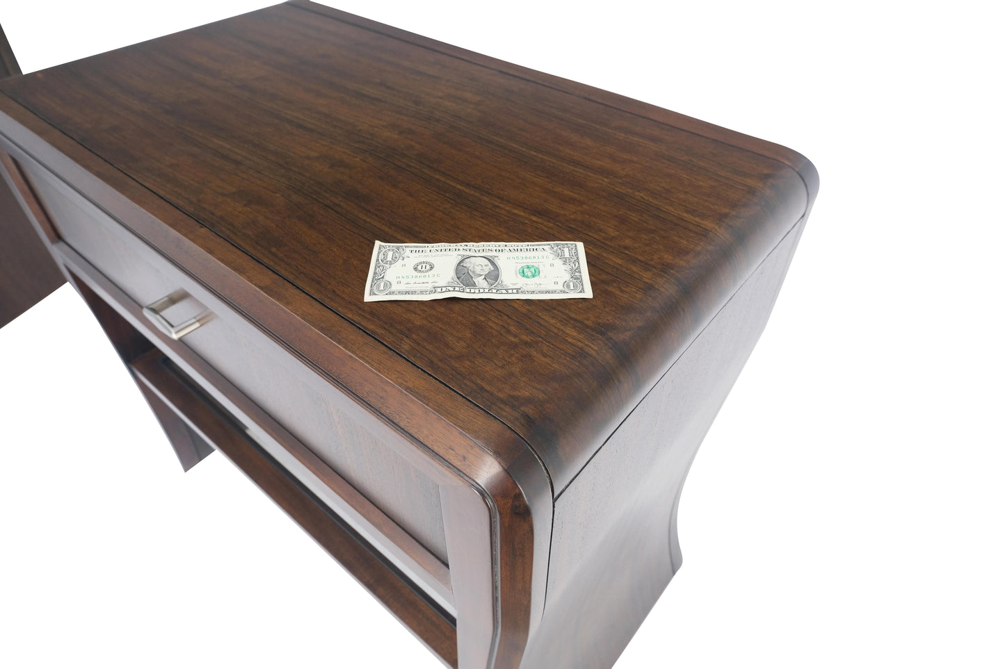 EstablishedLines Pair Century Walnut Waterfall Brand New Old Stock Two Tier Night Tables Stands