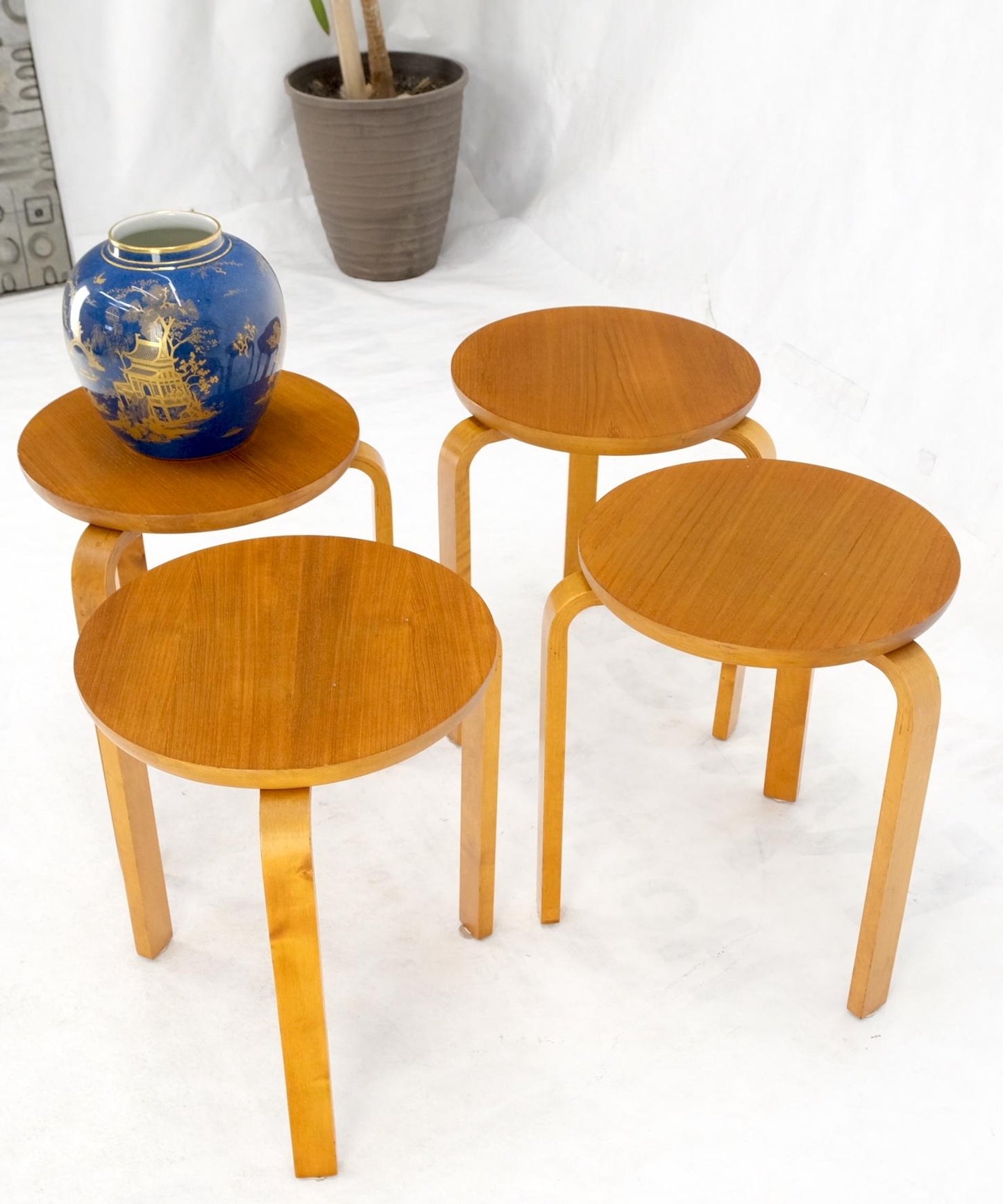 EstablishedLines Set of 4 Alvar Aalto Round Birch Bent Leg Nesting Tables c.1950s Made in Sweden