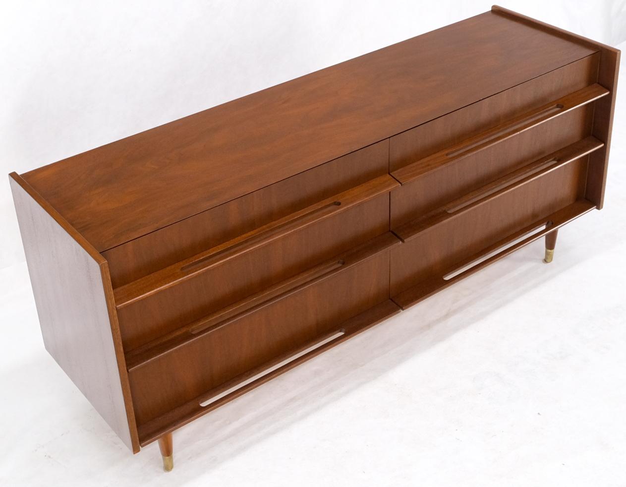 EstablishedLines Edmund Spence Attributed Large 6 Drawers Walnut Dresser W/ Gallery Top Cone Legs