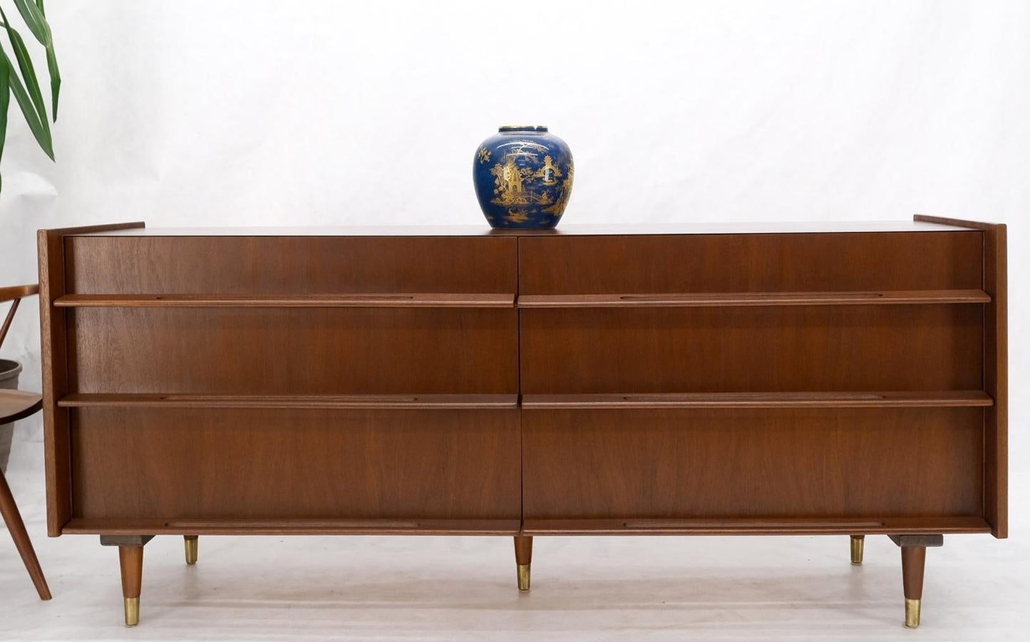 EstablishedLines Edmund Spence Attributed Large 6 Drawers Walnut Dresser W/ Gallery Top Cone Legs