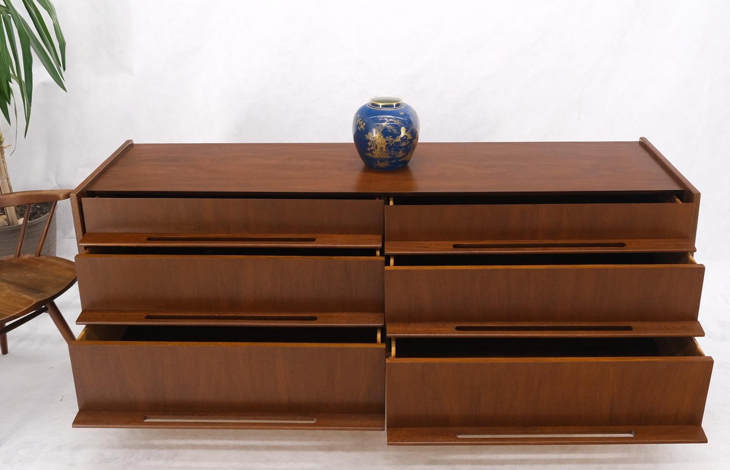 EstablishedLines Edmund Spence Attributed Large 6 Drawers Walnut Dresser W/ Gallery Top Cone Legs