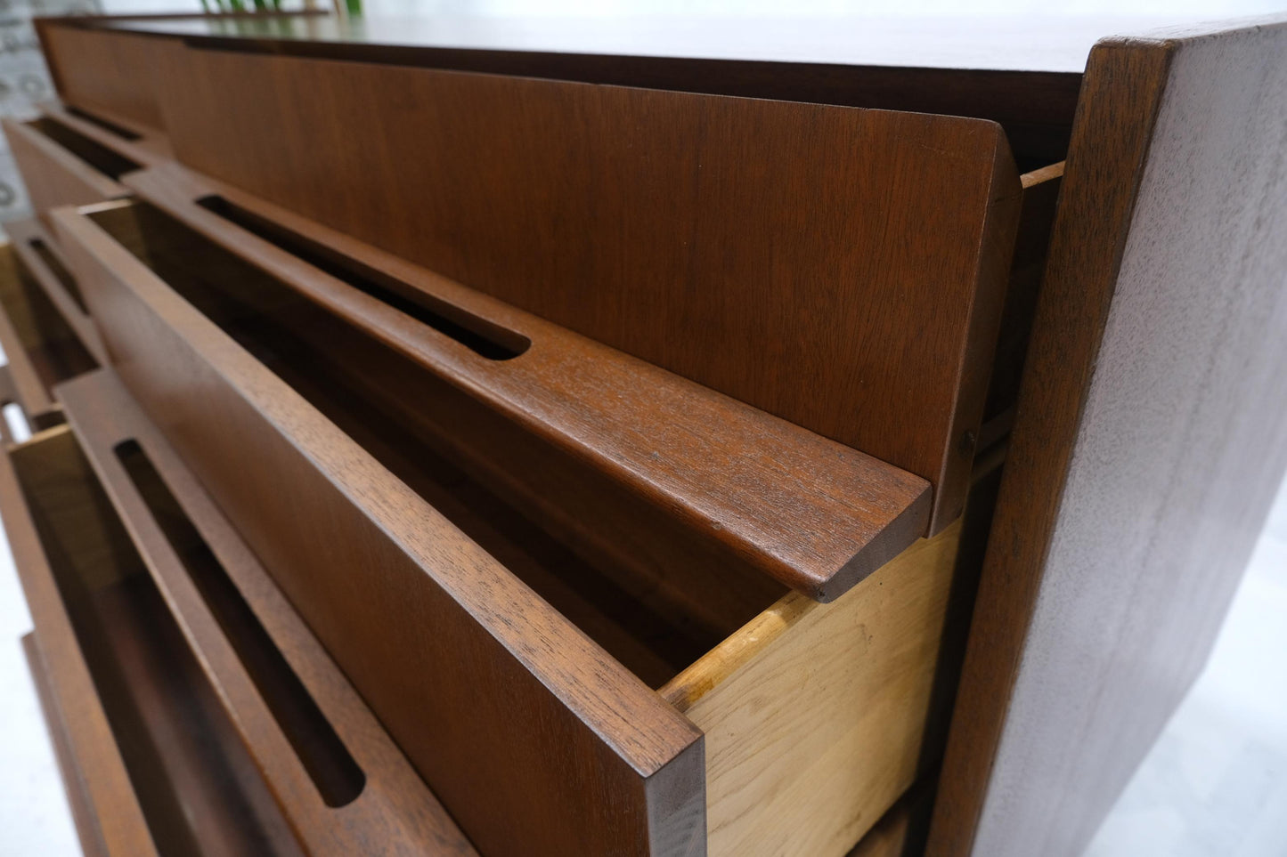 EstablishedLines Edmund Spence Attributed Large 6 Drawers Walnut Dresser W/ Gallery Top Cone Legs