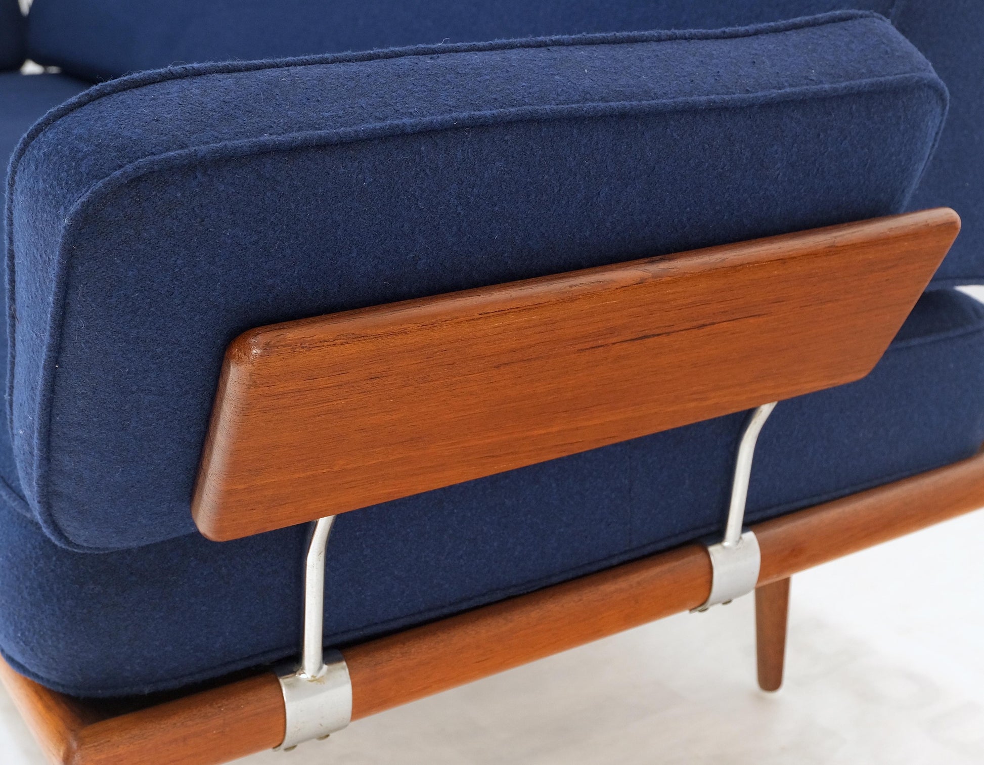 EstablishedLines Peter Hvidt Solid Teak Sofa New Blue Wool Upholstery Original Springs Mint!