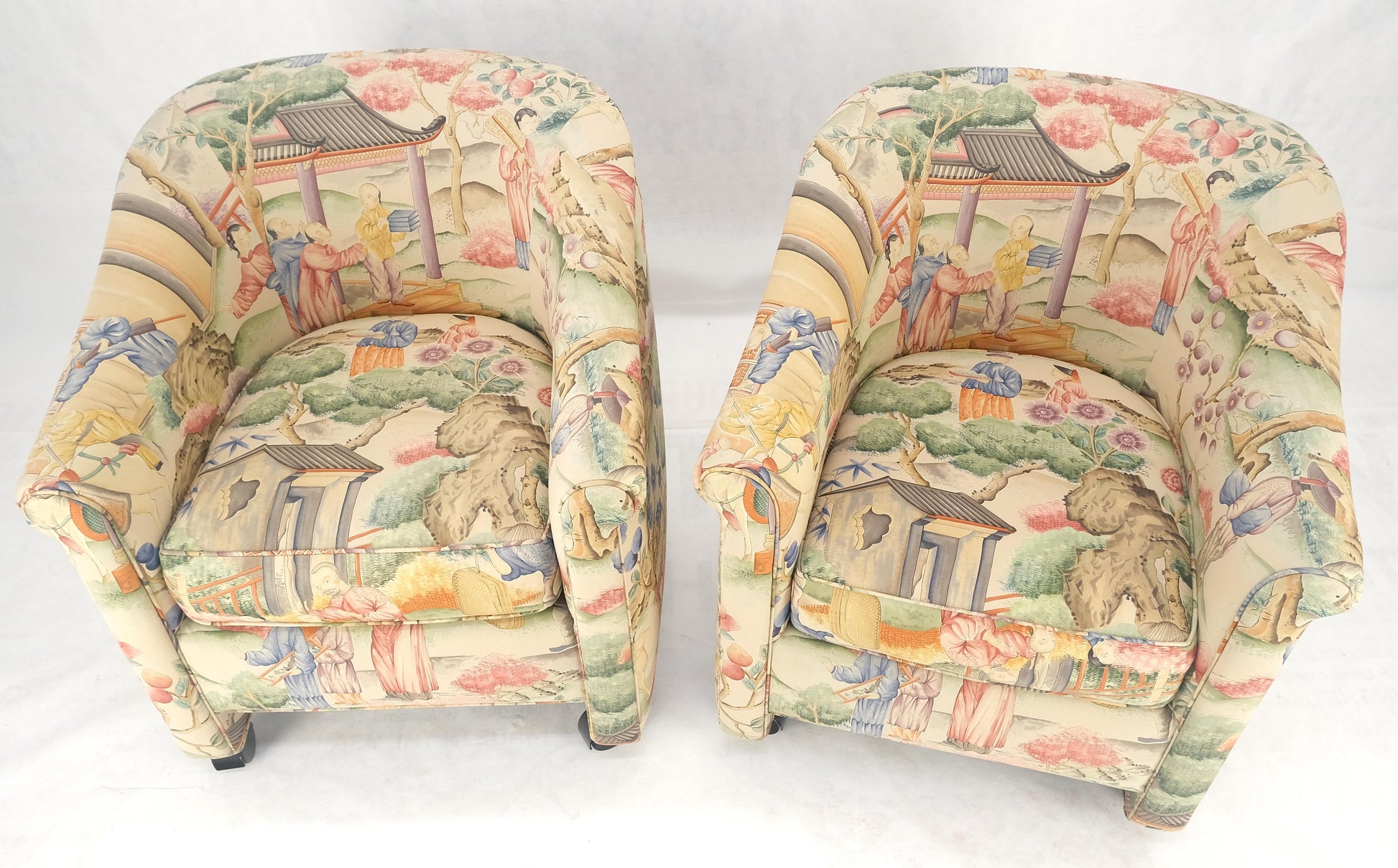 EstablishedLines Pair Asian Silk Motive Round Barrel Back Upholstery Lounge Chairs Casters MINT