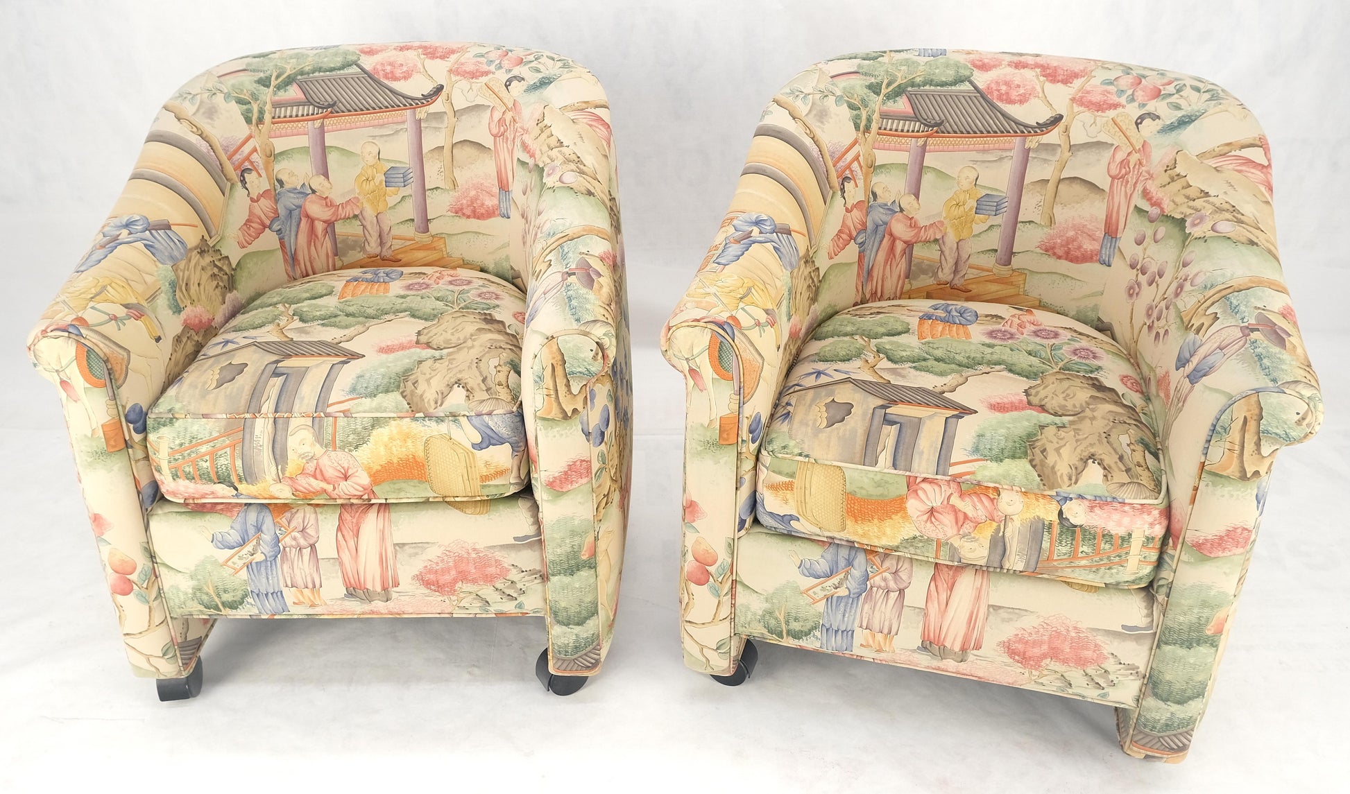 EstablishedLines Pair Asian Silk Motive Round Barrel Back Upholstery Lounge Chairs Casters MINT