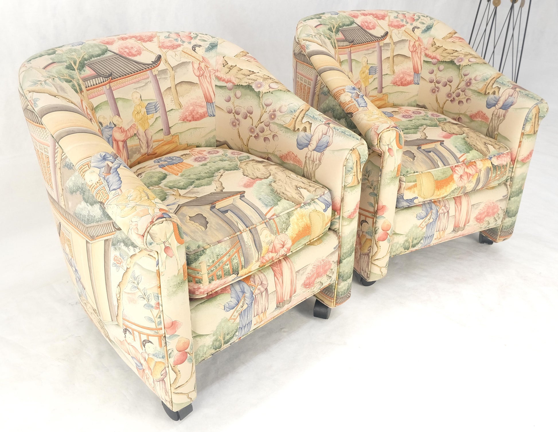 EstablishedLines Pair Asian Silk Motive Round Barrel Back Upholstery Lounge Chairs Casters MINT