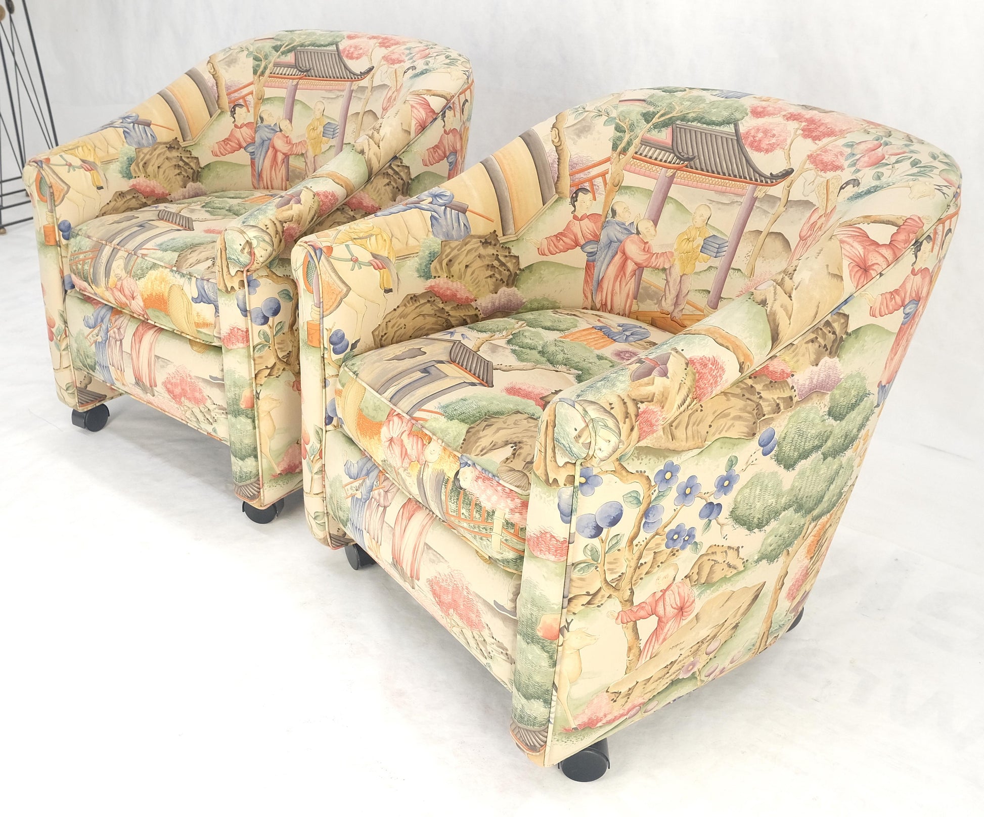 EstablishedLines Pair Asian Silk Motive Round Barrel Back Upholstery Lounge Chairs Casters MINT