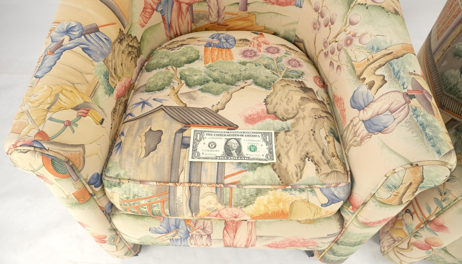 EstablishedLines Pair Asian Silk Motive Round Barrel Back Upholstery Lounge Chairs Casters MINT