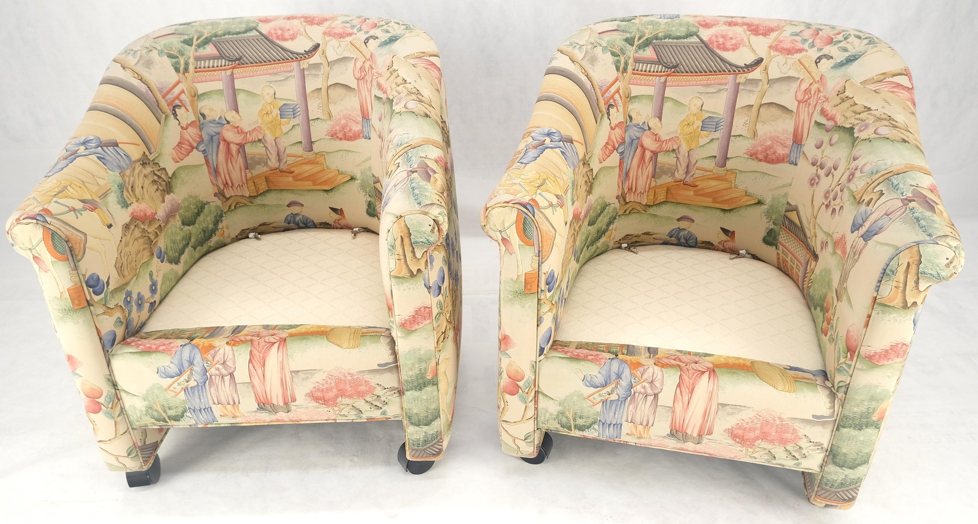 EstablishedLines Pair Asian Silk Motive Round Barrel Back Upholstery Lounge Chairs Casters MINT