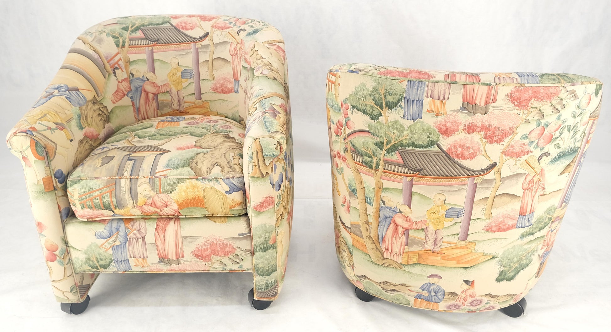 EstablishedLines Pair Asian Silk Motive Round Barrel Back Upholstery Lounge Chairs Casters MINT
